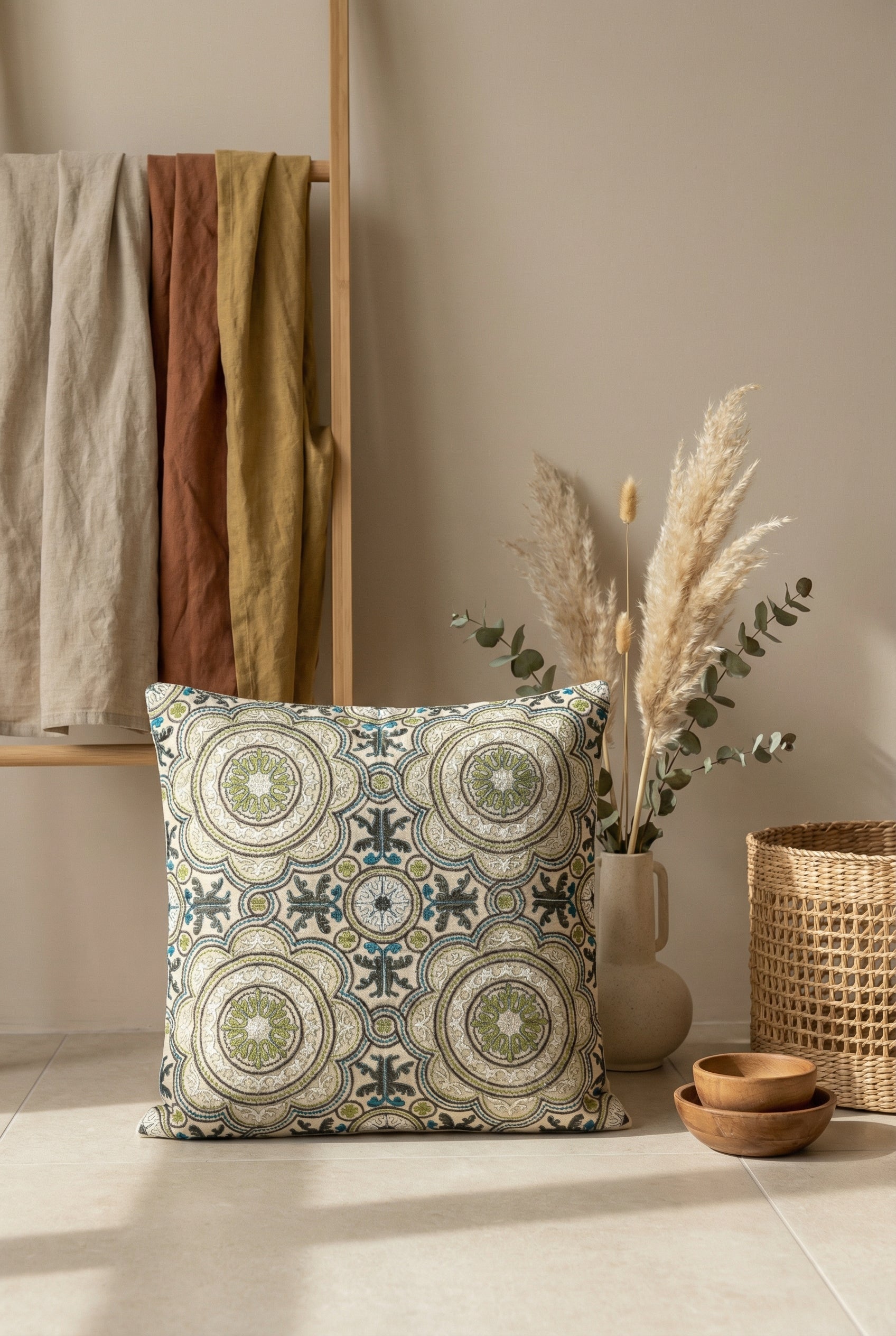 Green Embroidered Cotton Square Cushion Covers