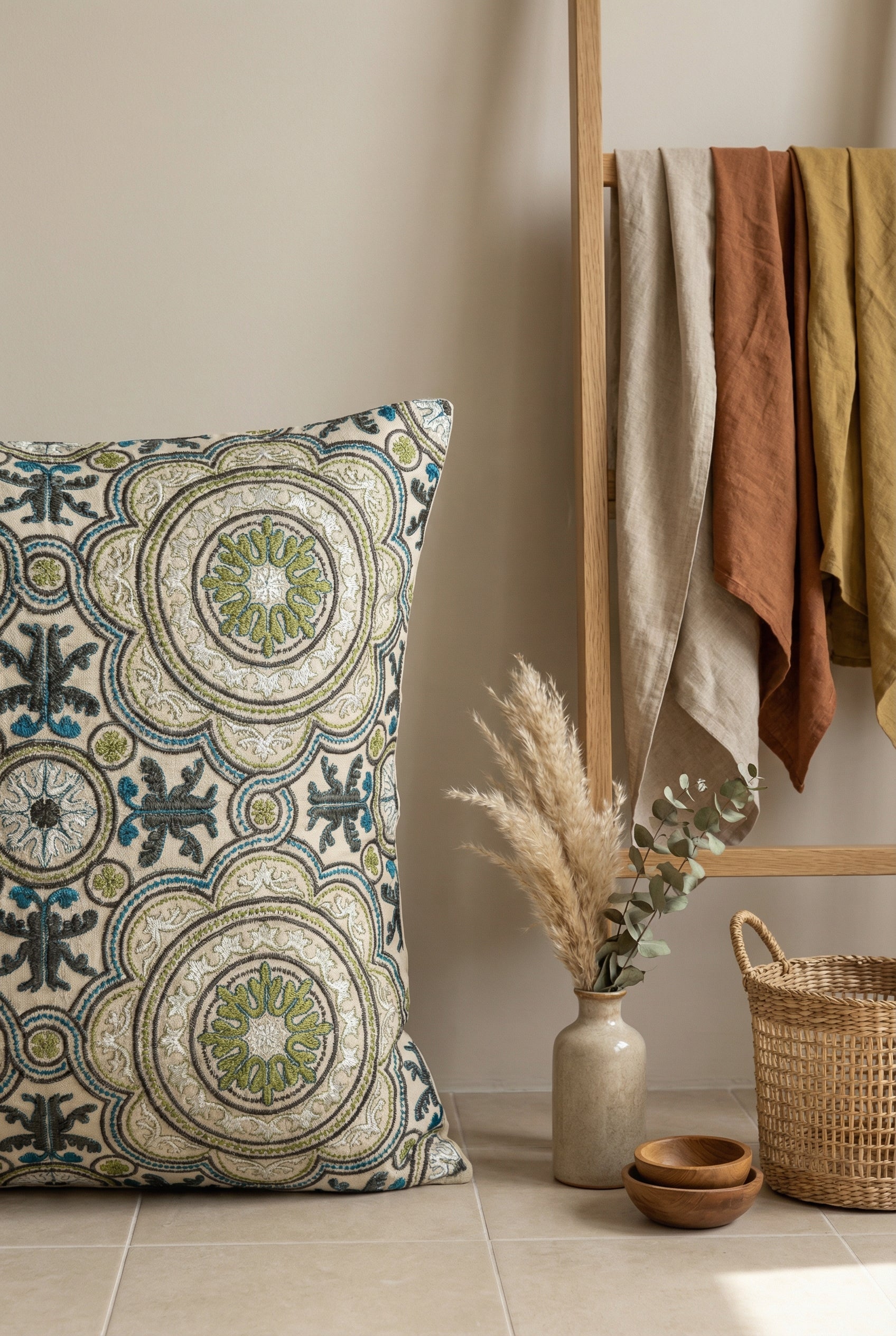 Green Embroidered Cotton Square Cushion Covers