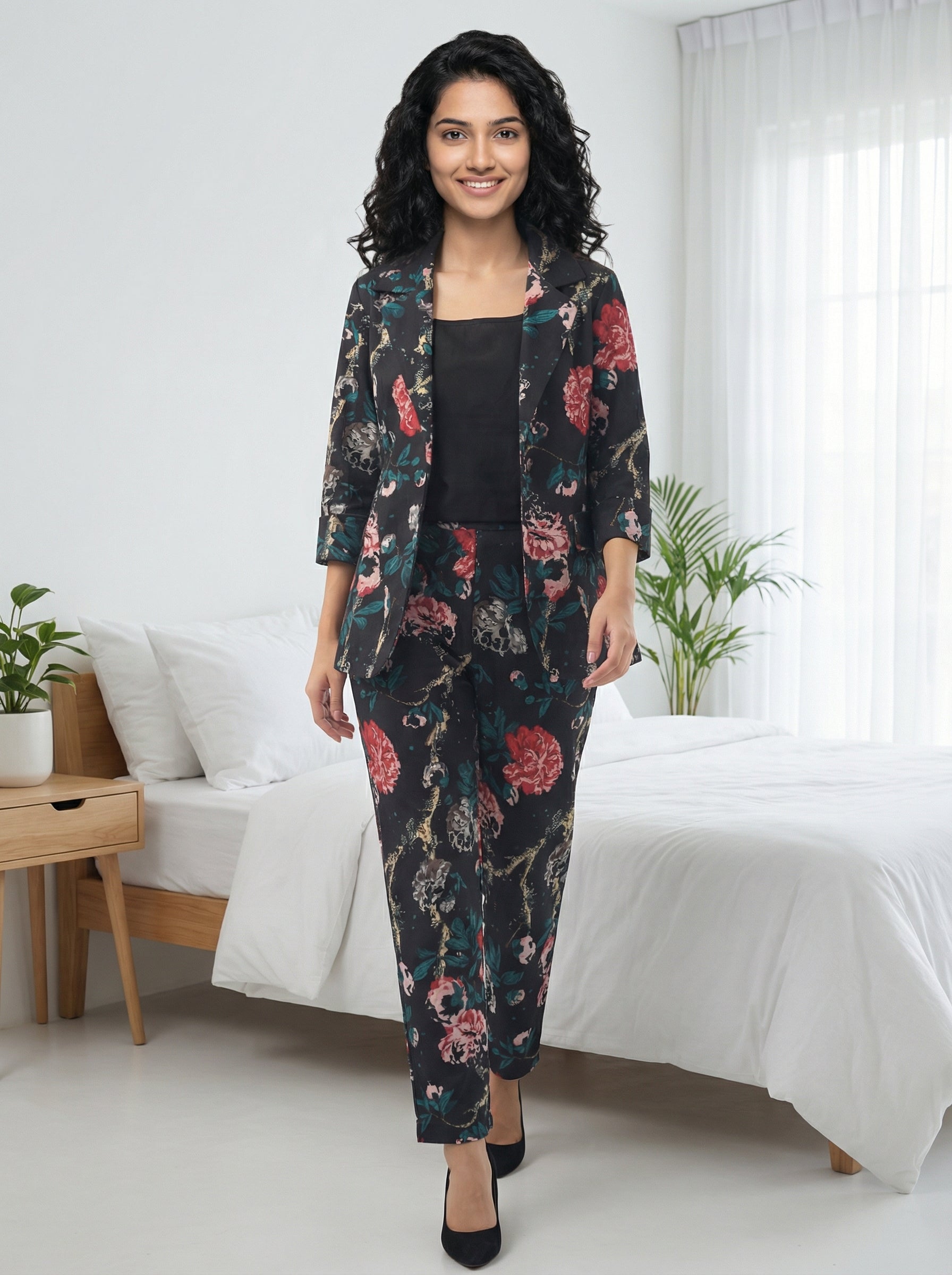 Black Round Neck Floral Print Pure Cotton Three Piece Night Suit Set for Women