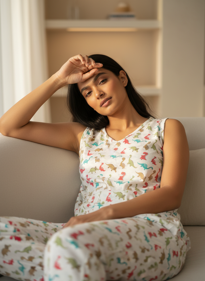 Off White Round Neck Animal Print Cotton Night Suit