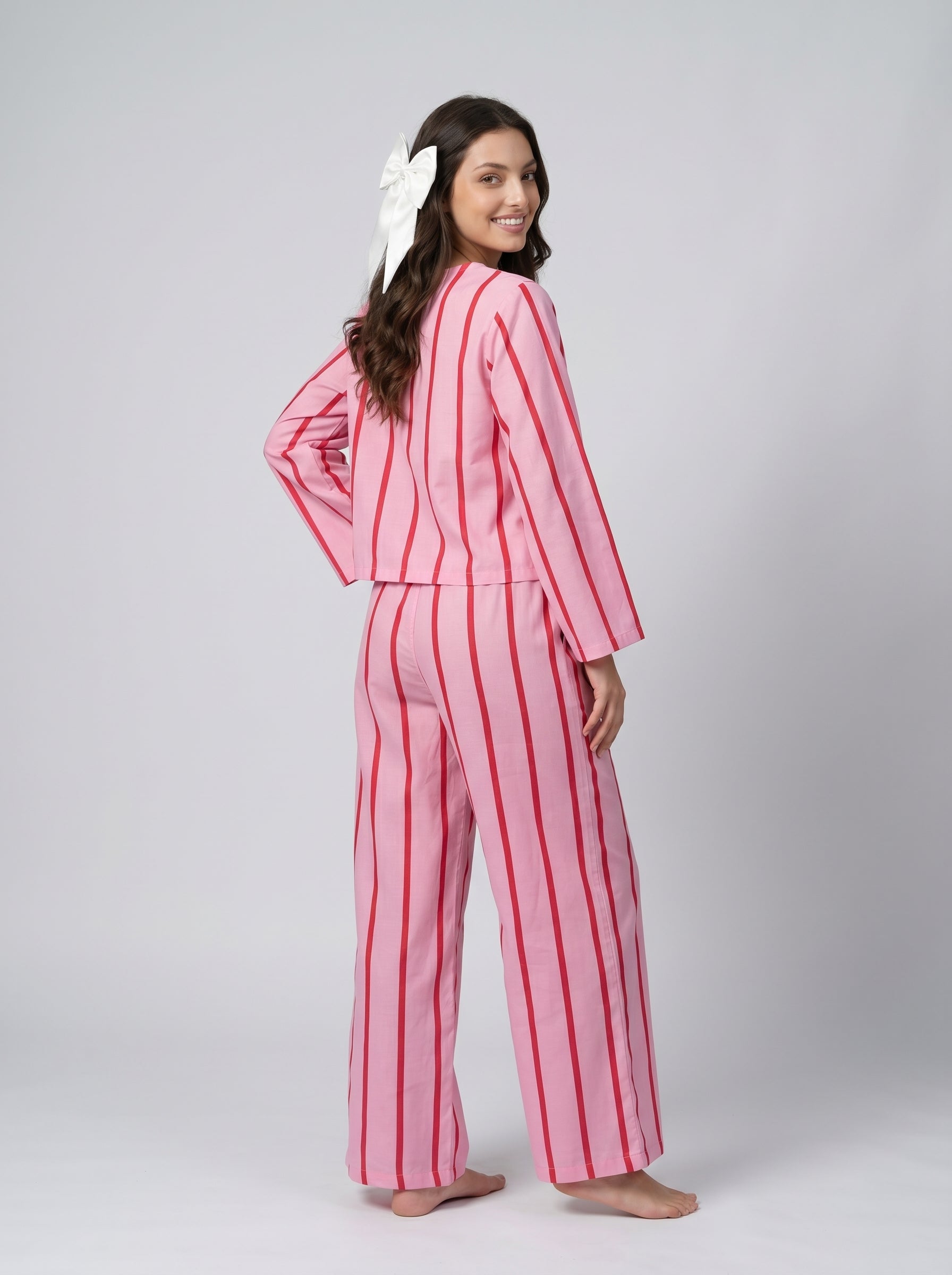 Pink Striped Print V-Neck Pure Cotton Night Suit For Women