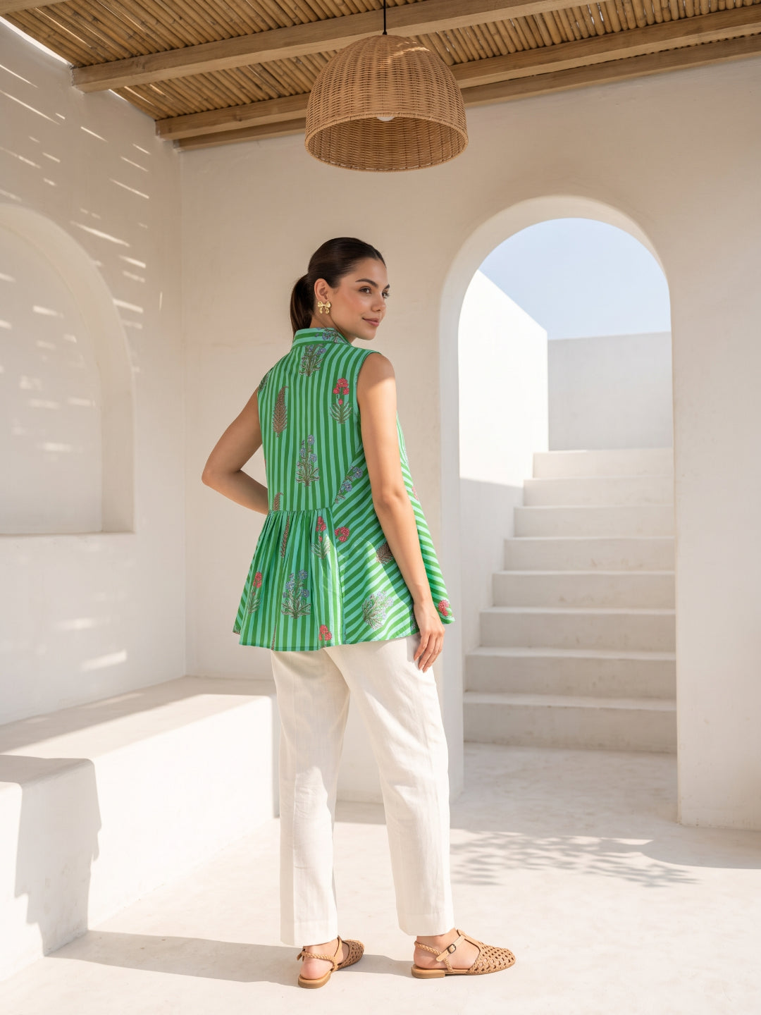 Green Shirt Collar Cotton Stripes Print Top For Women