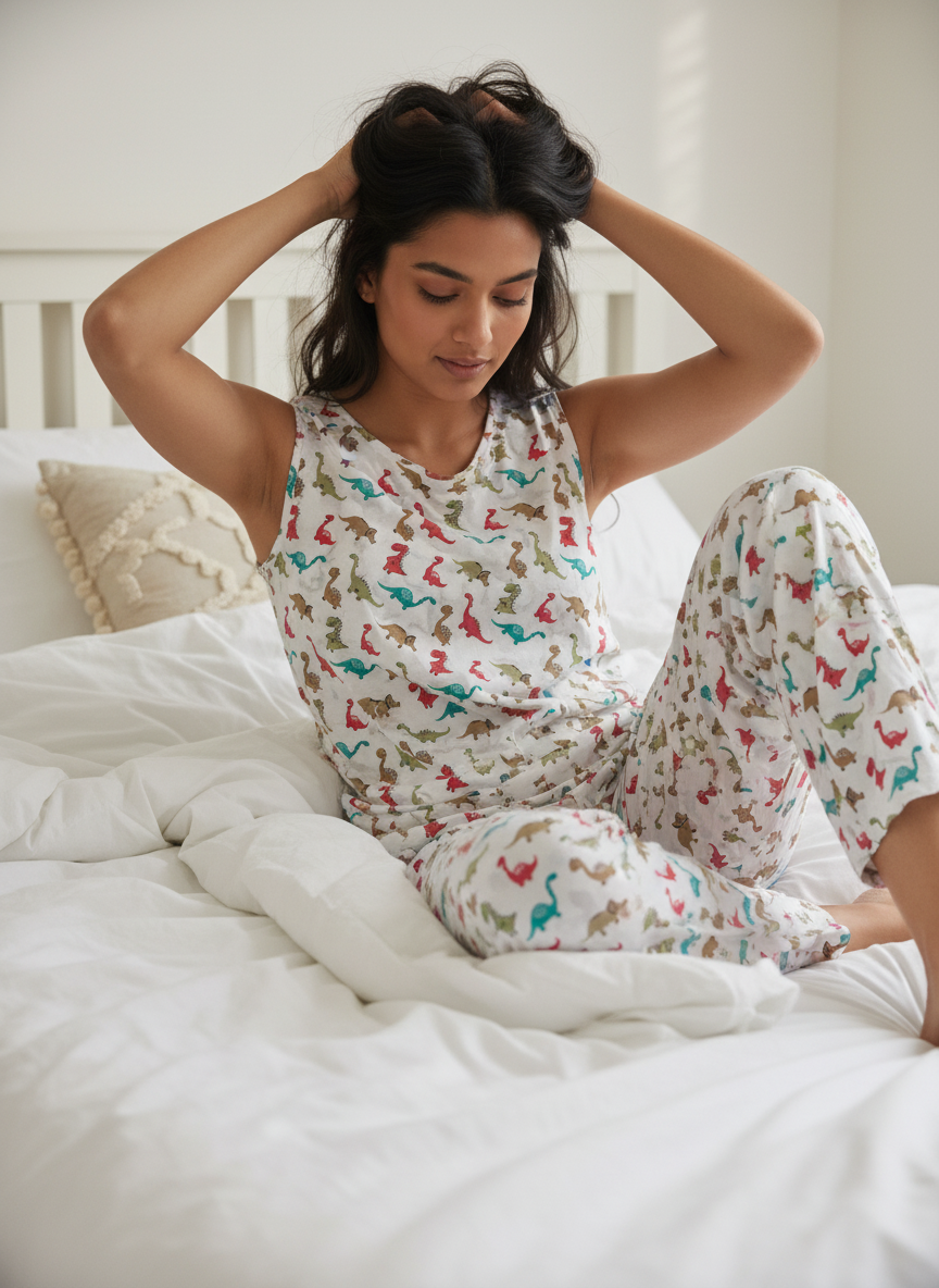 Off White Round Neck Animal Print Cotton Night Suit