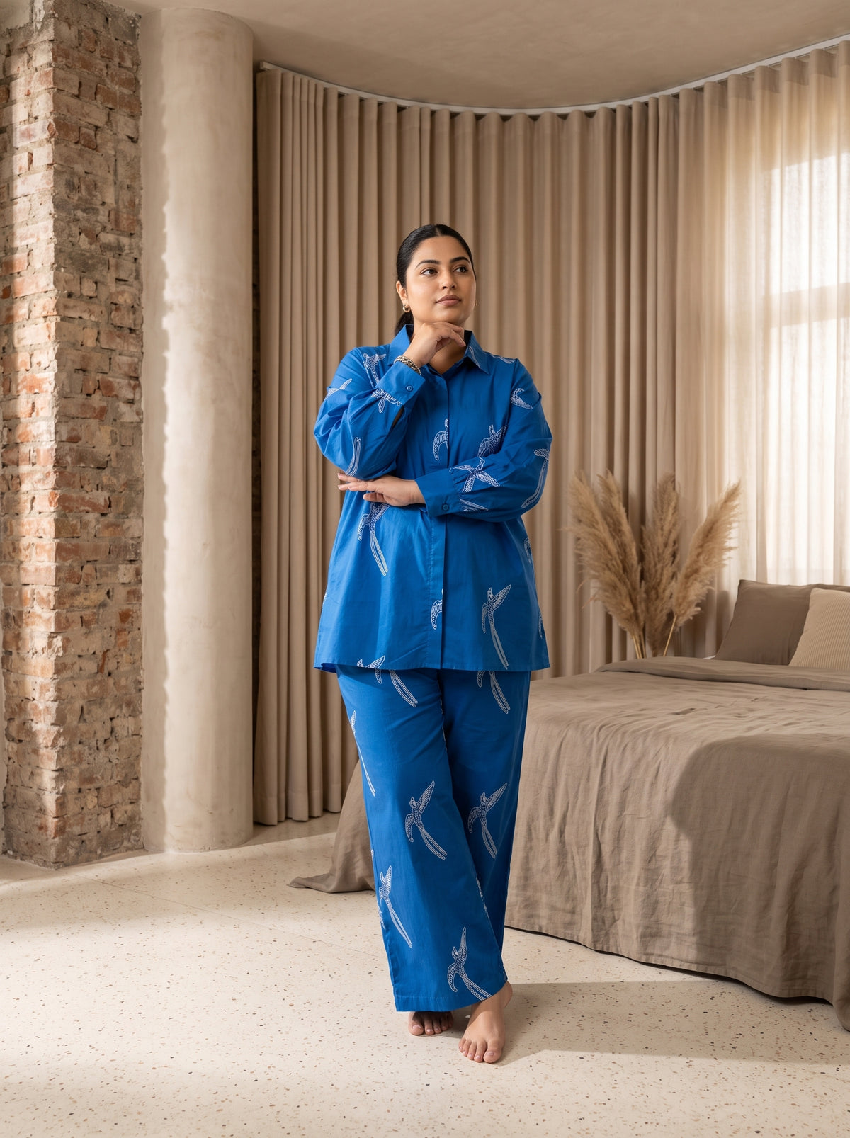 Royal Blue Bird Printed Shirt Collar Cotton Plus Size Night Suit For Women
