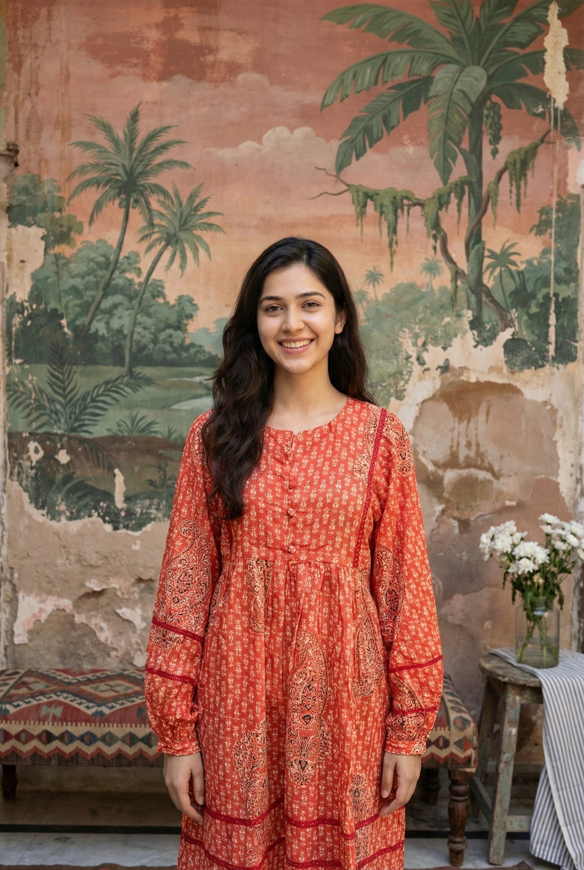 Orange Ethnic Motifs V-Neck A-Line Pure Cotton Dress For Women
