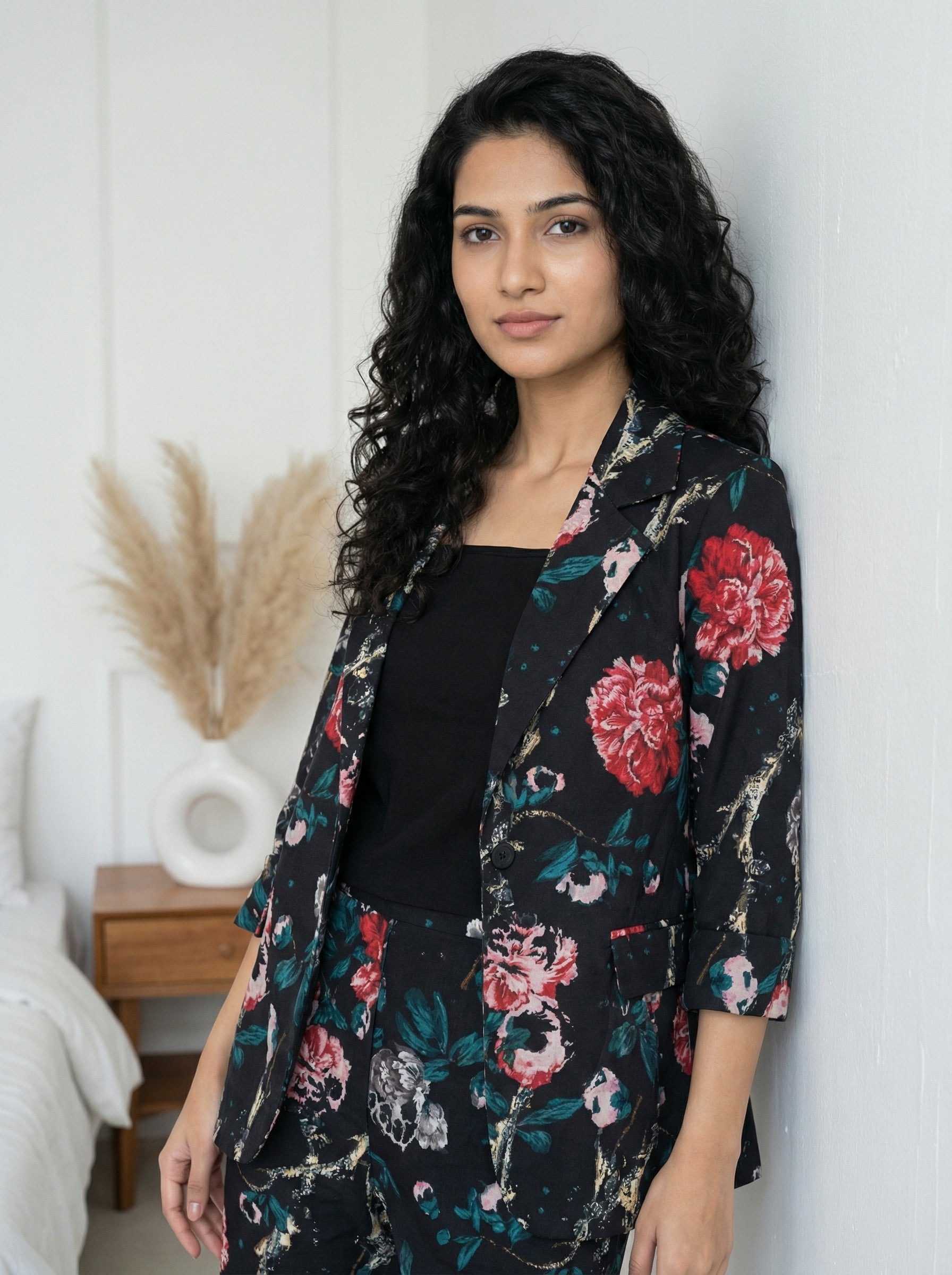 Black Round Neck Floral Print Pure Cotton Three Piece Night Suit Set for Women