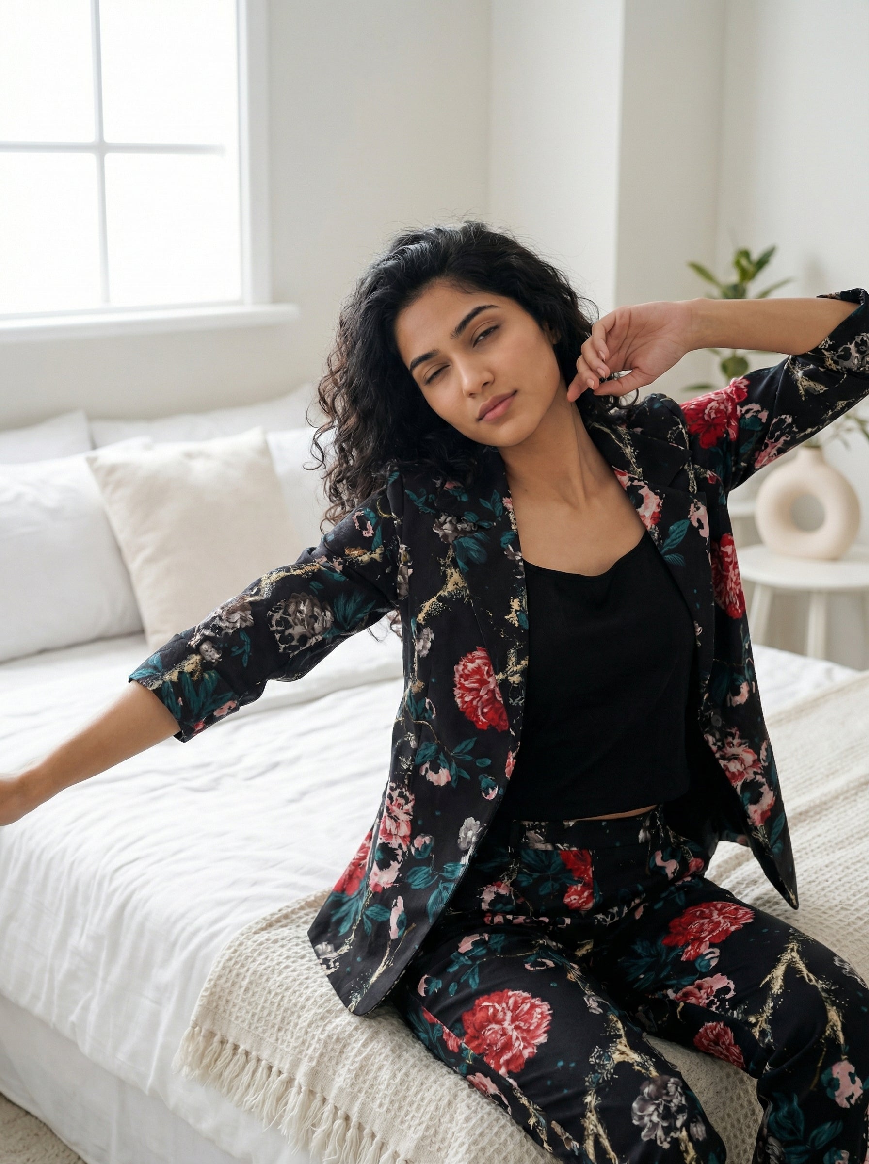 Black Round Neck Floral Print Pure Cotton Three Piece Night Suit Set for Women