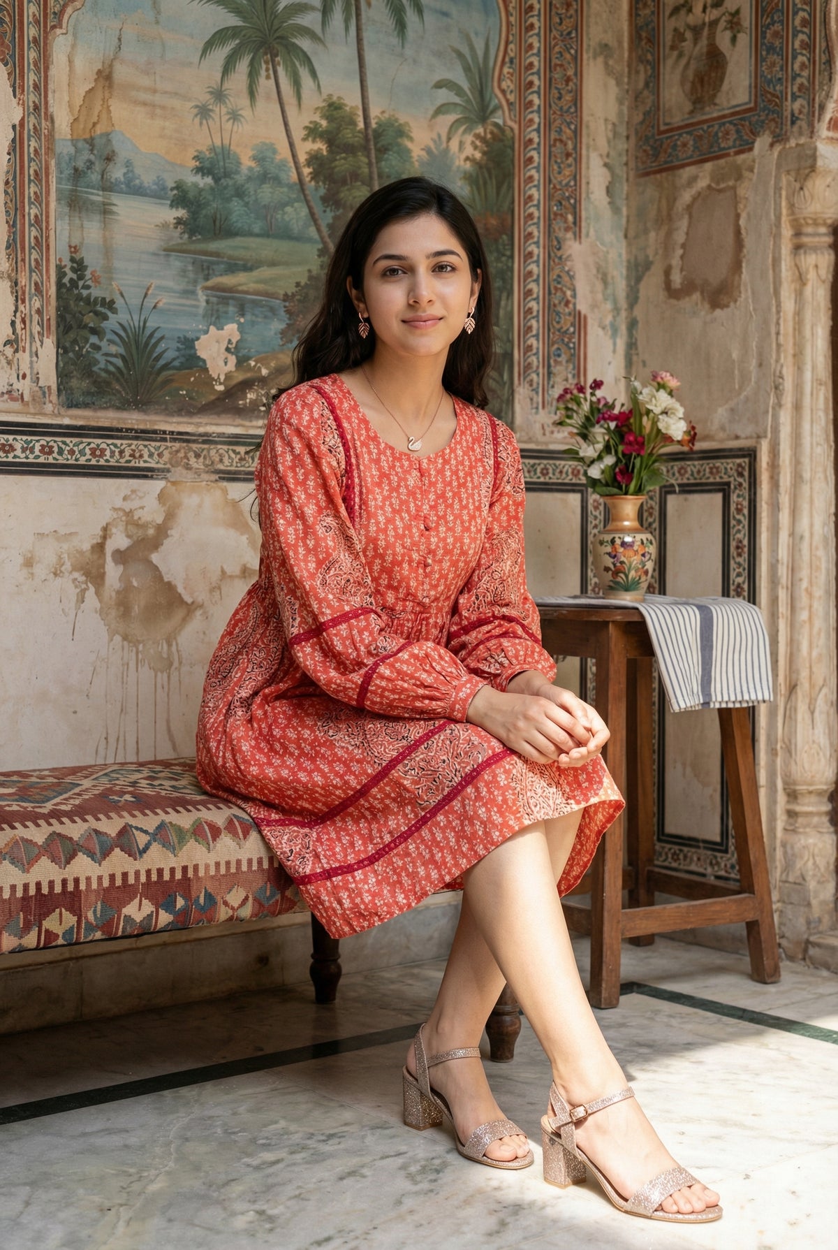 Orange Ethnic Motifs V-Neck A-Line Pure Cotton Dress For Women
