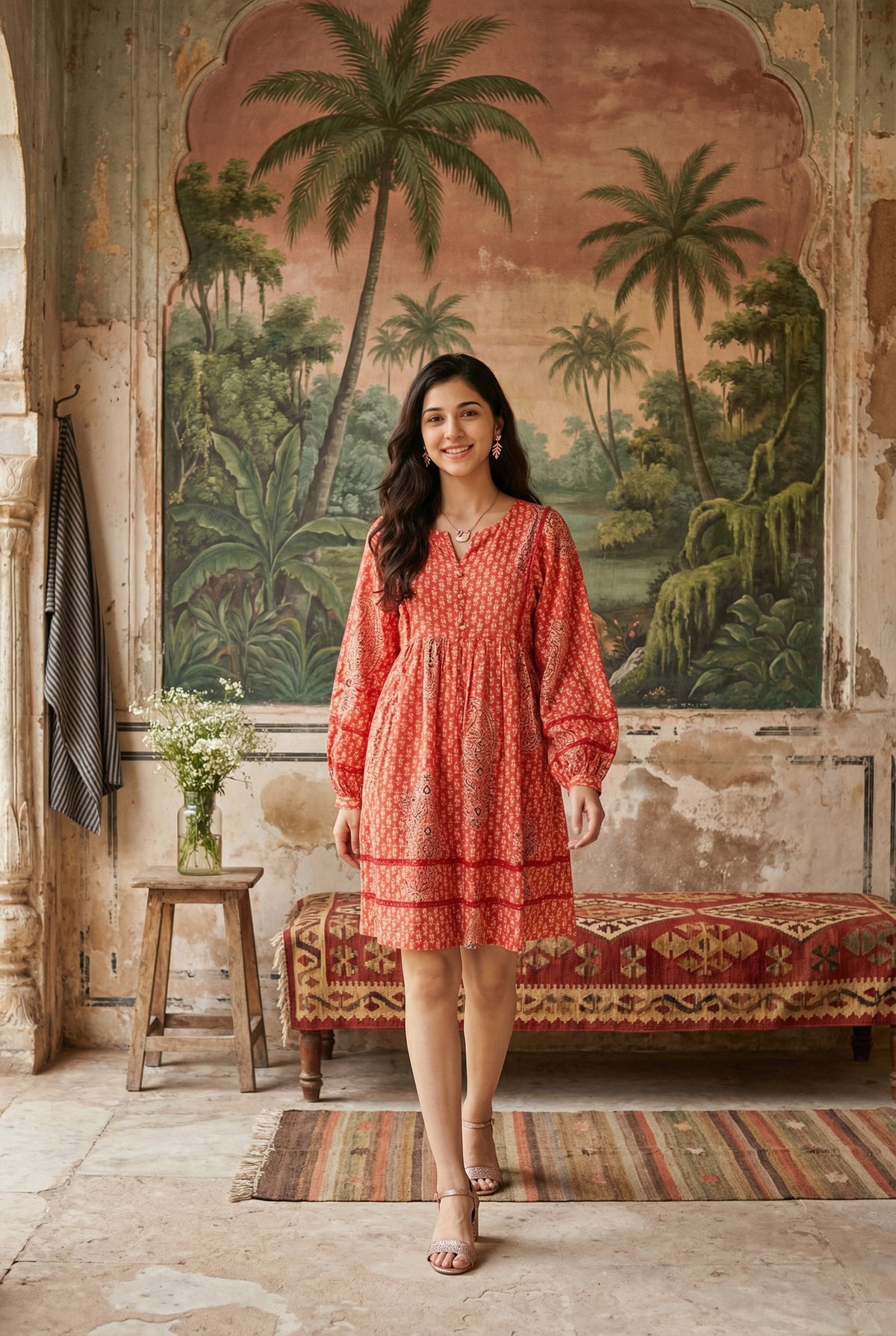 Orange Ethnic Motifs V-Neck A-Line Pure Cotton Dress For Women