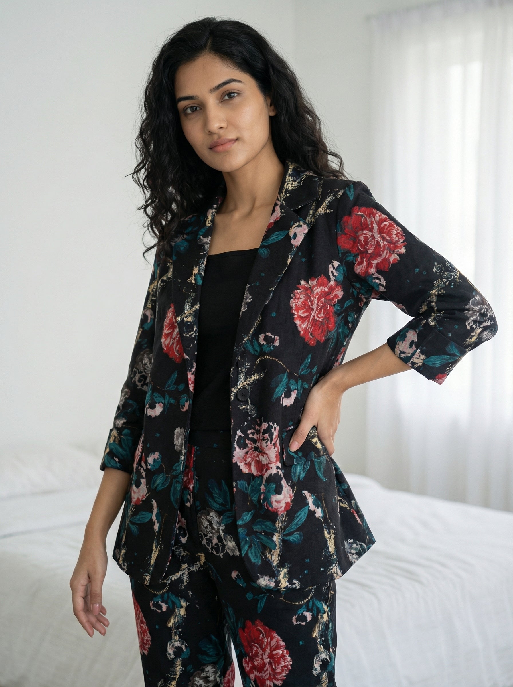 Black Round Neck Floral Print Pure Cotton Three Piece Night Suit Set for Women