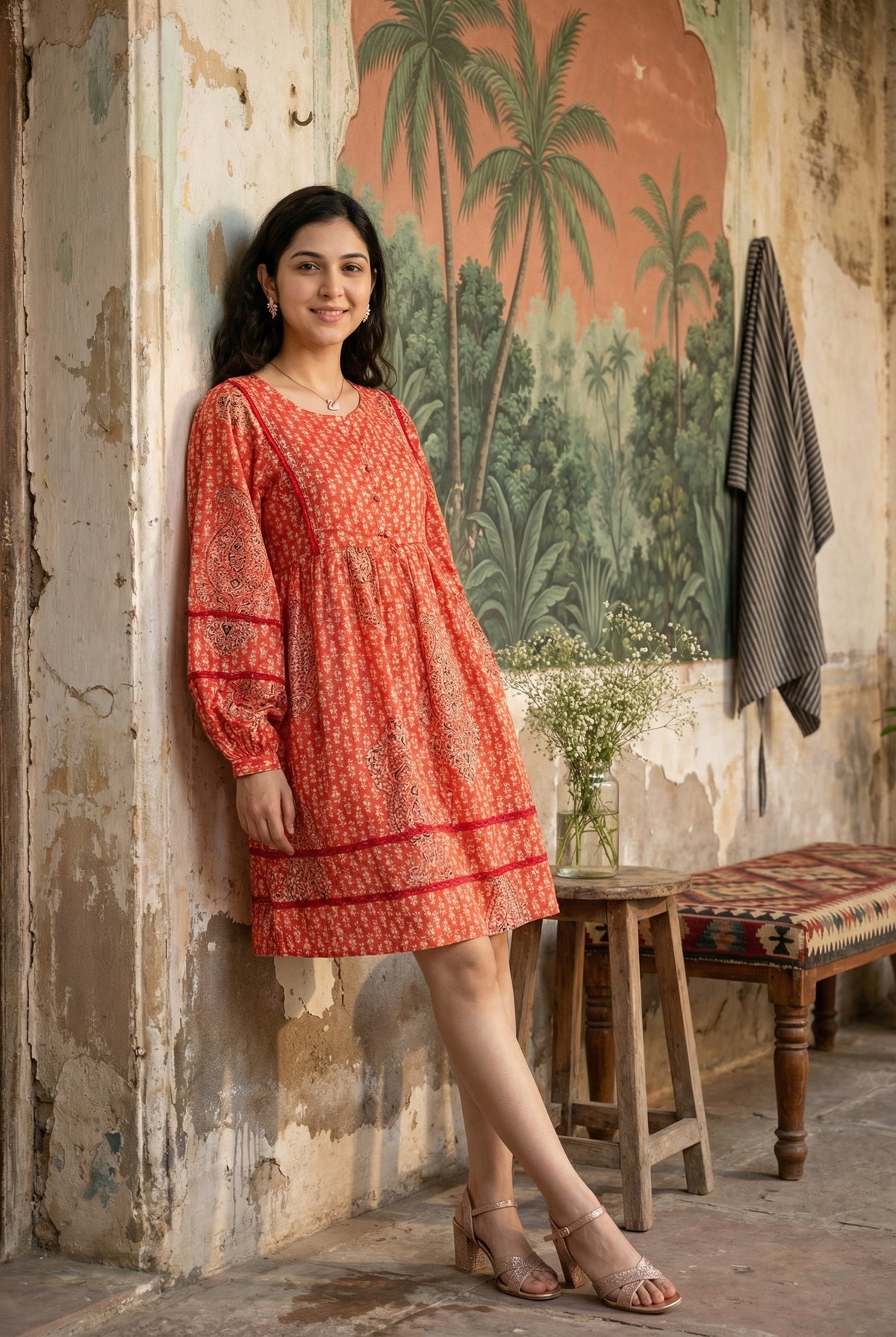 Orange Ethnic Motifs V-Neck A-Line Pure Cotton Dress For Women