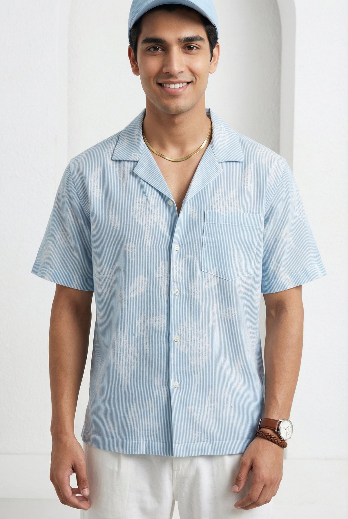 Blue Floral Striped Cuban Collar Half Sleeve Handloom Cotton Oversized Shirt For Men