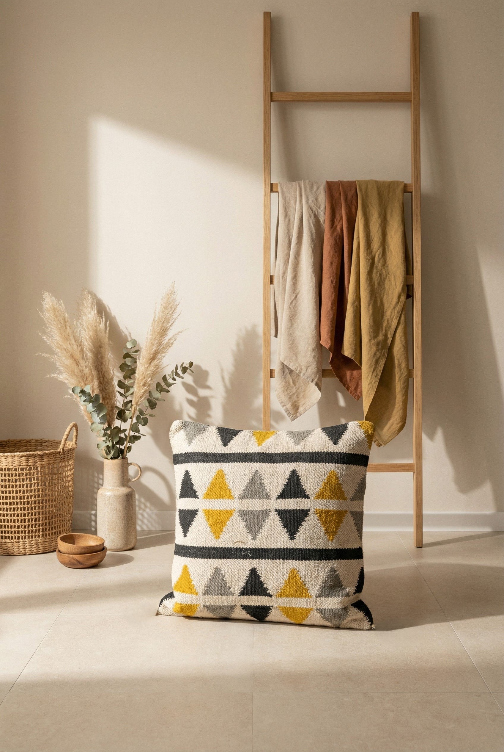 Off White & Black Geometric Cotton Square Cushion Cover