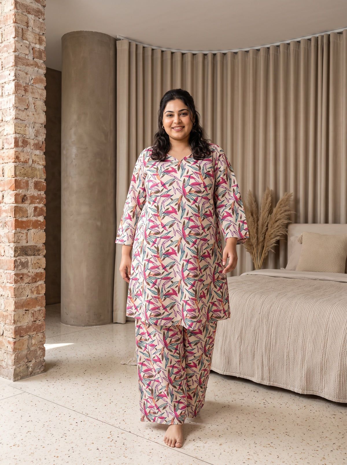 Beige Leaf Notch Neck Cotton Plus Size Night Suit Set For Women