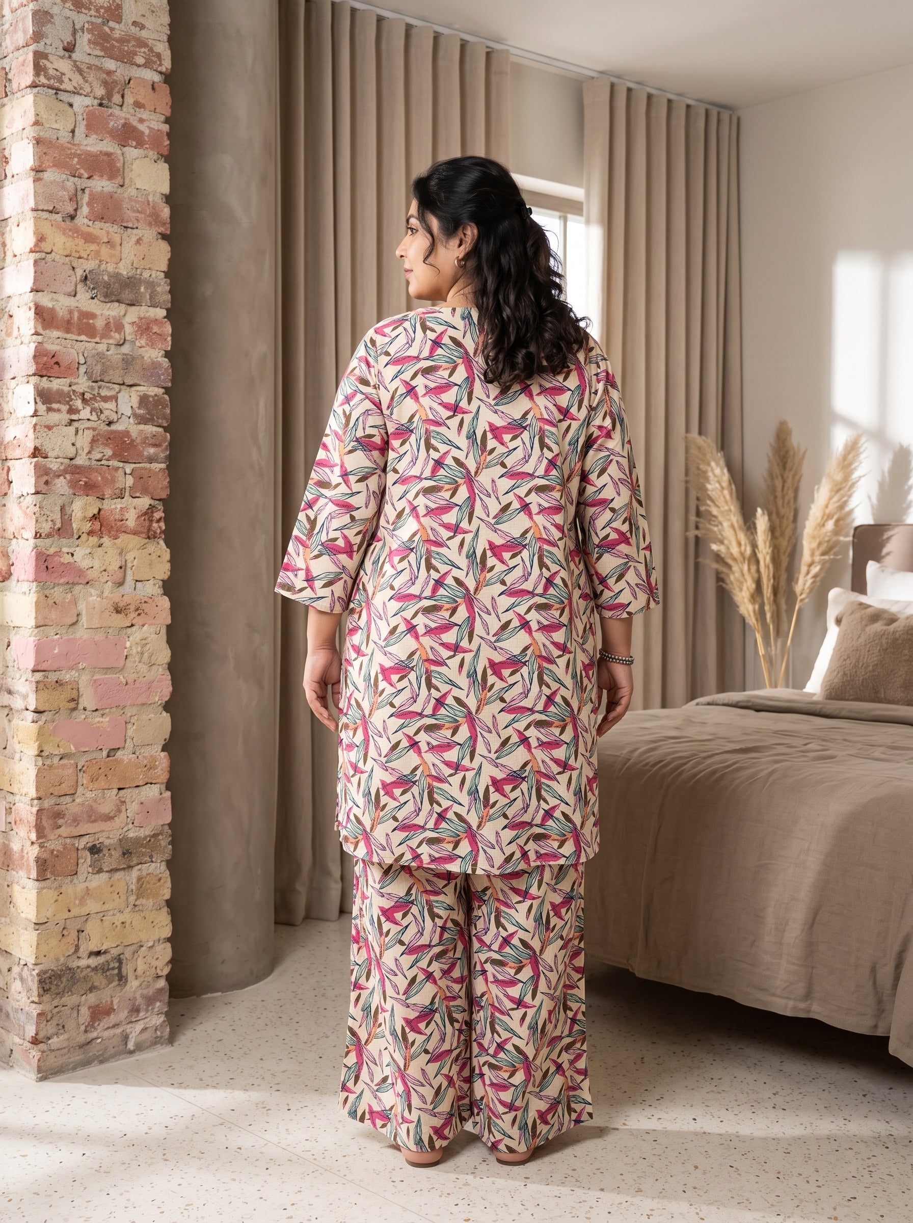 Beige Leaf Notch Neck Cotton Plus Size Night Suit Set For Women