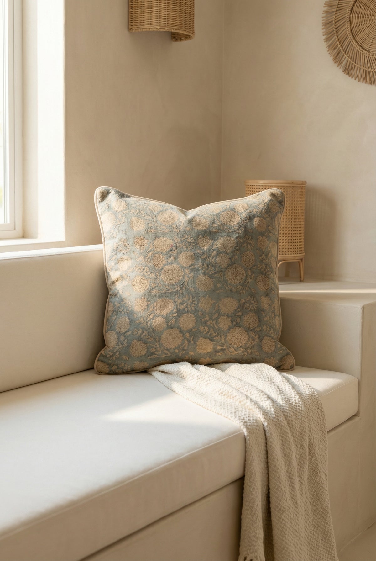 Grey Floral Textured Cotton Square Cushion Cover For Home Decor