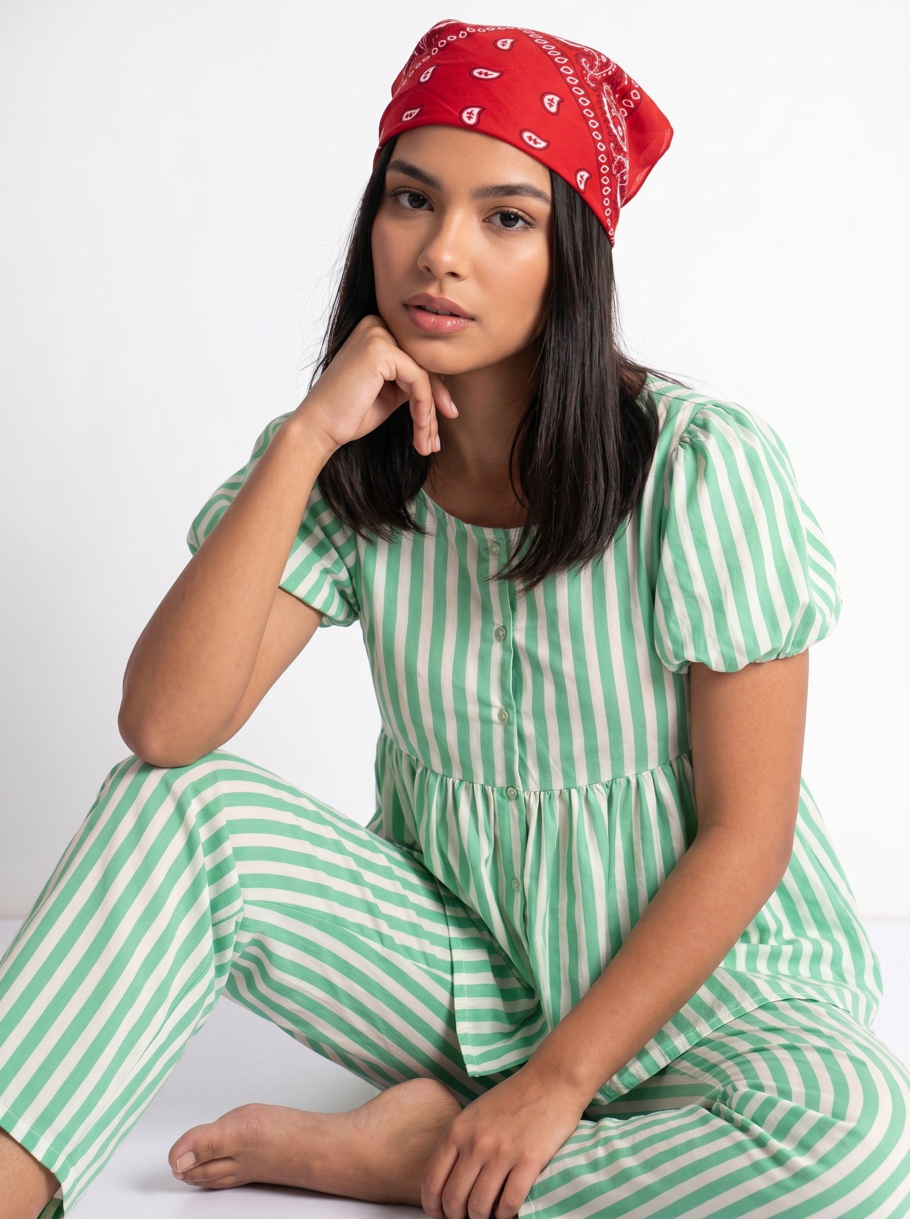 Green Striped Print Round Neck Pure Cotton Night Suit For Women