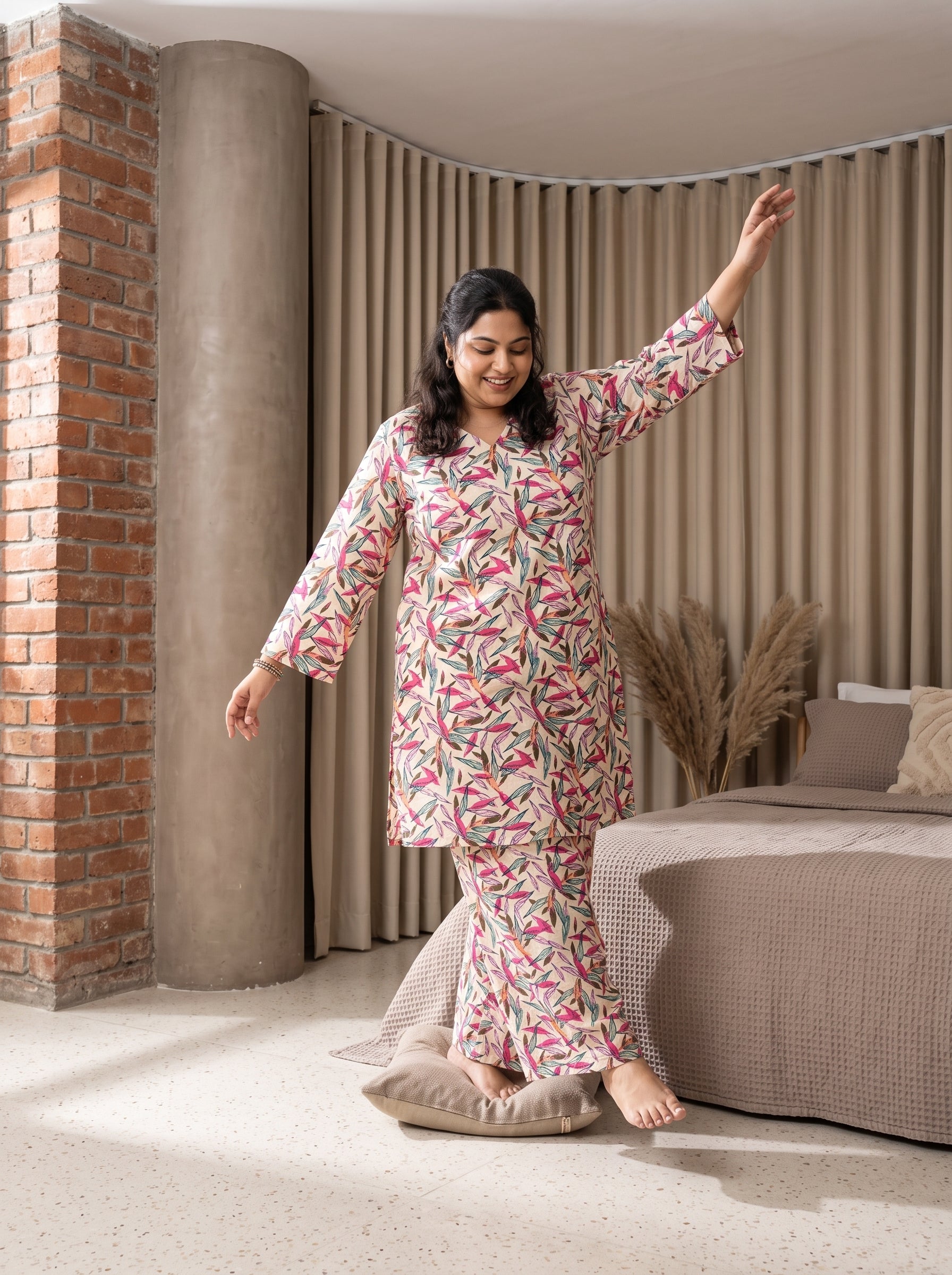 Beige Leaf Notch Neck Cotton Plus Size Night Suit Set For Women
