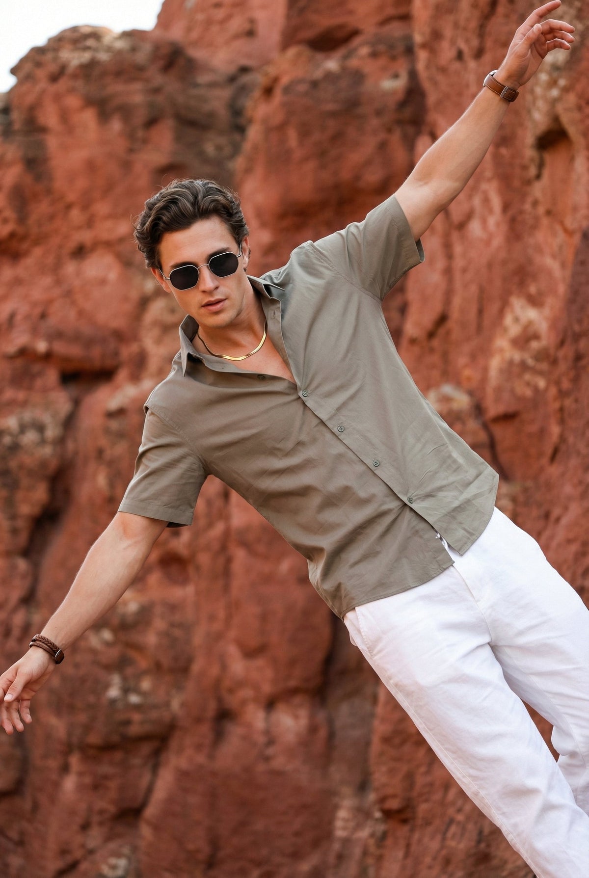 Olive Solid Band Collar Half Sleeve Cotton Shirt For Men