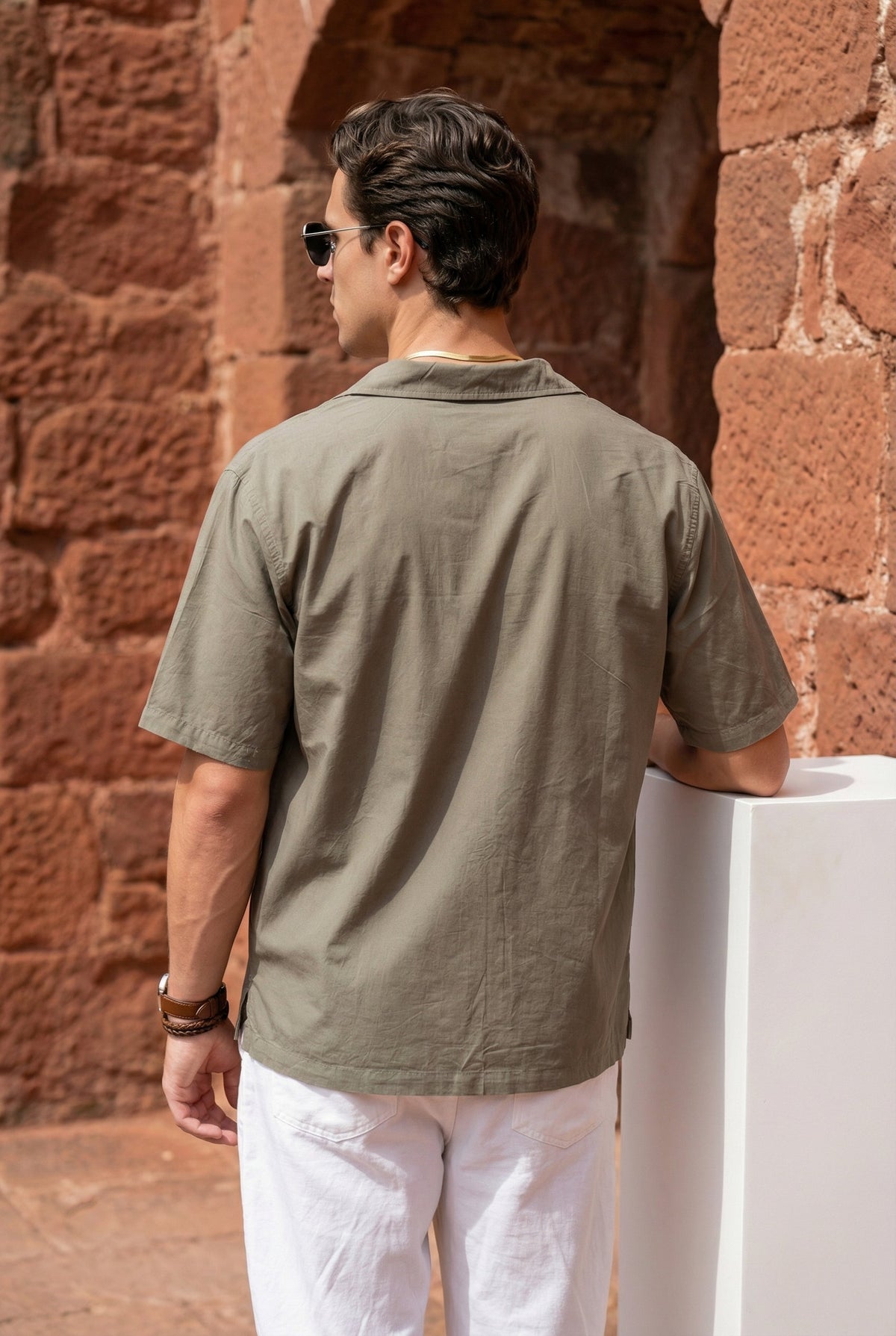 Olive Solid Band Collar Half Sleeve Cotton Shirt For Men
