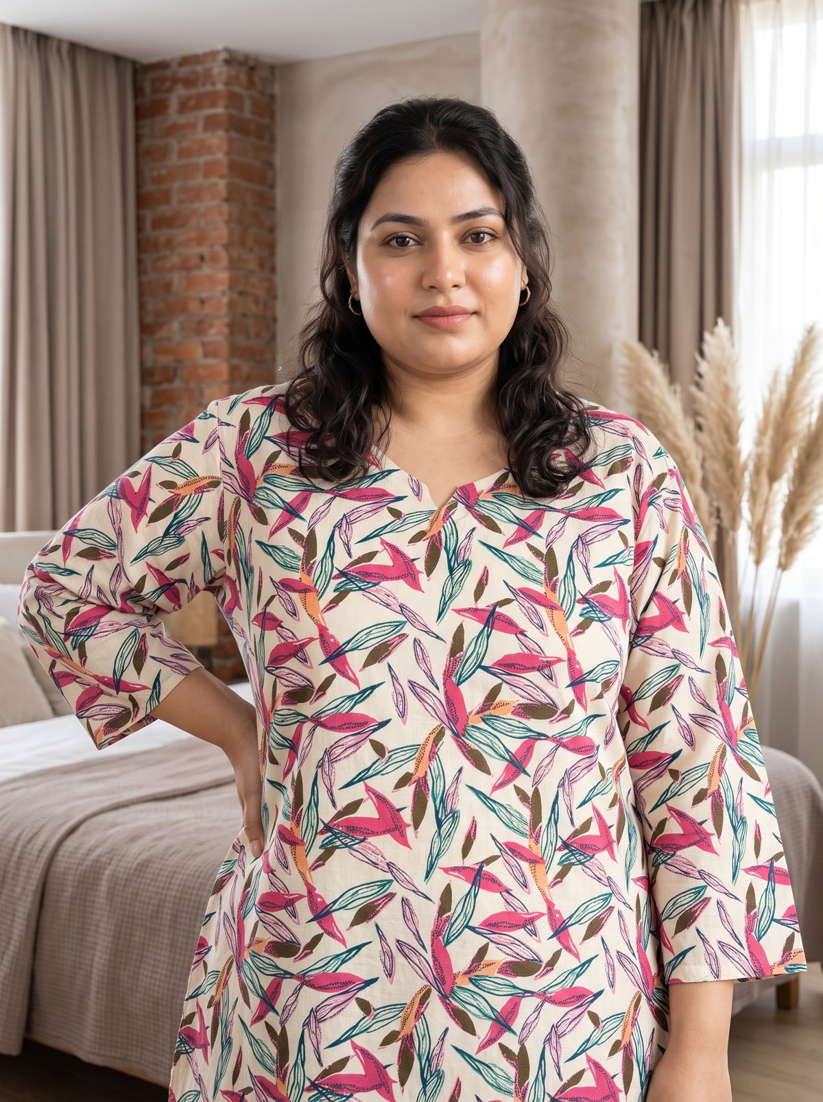 Beige Leaf Notch Neck Cotton Plus Size Night Suit Set For Women