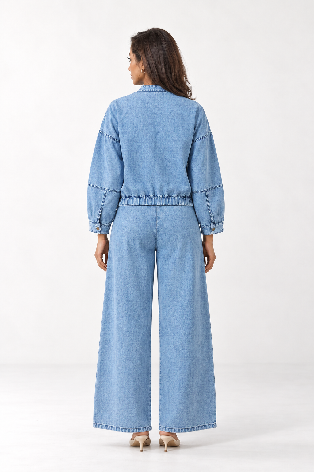 Blue Round Neck Bomber Style Cotton Denim Jacket For Women