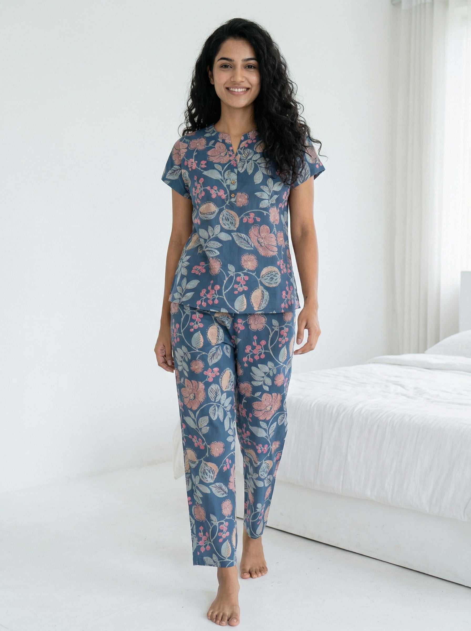 Blue Floral Print Round Neck Pure Cotton Night Suit Set for Women