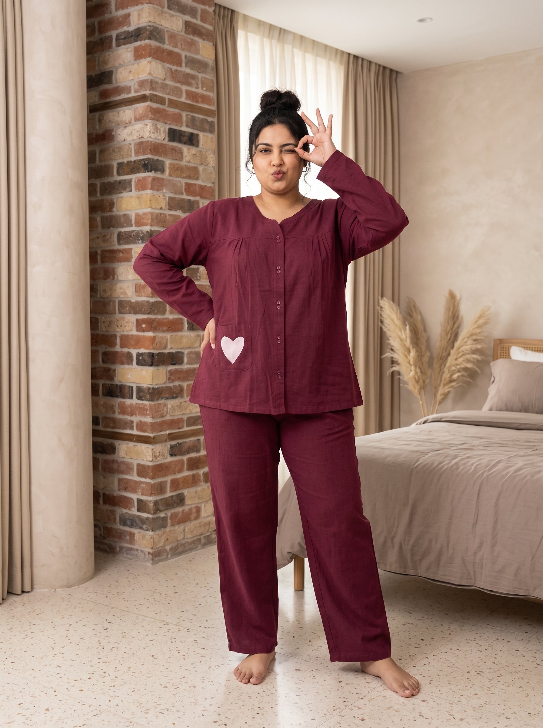 Maroon Heart Patch Scoop Neck Cotton Plus Size Night Suit  For Women