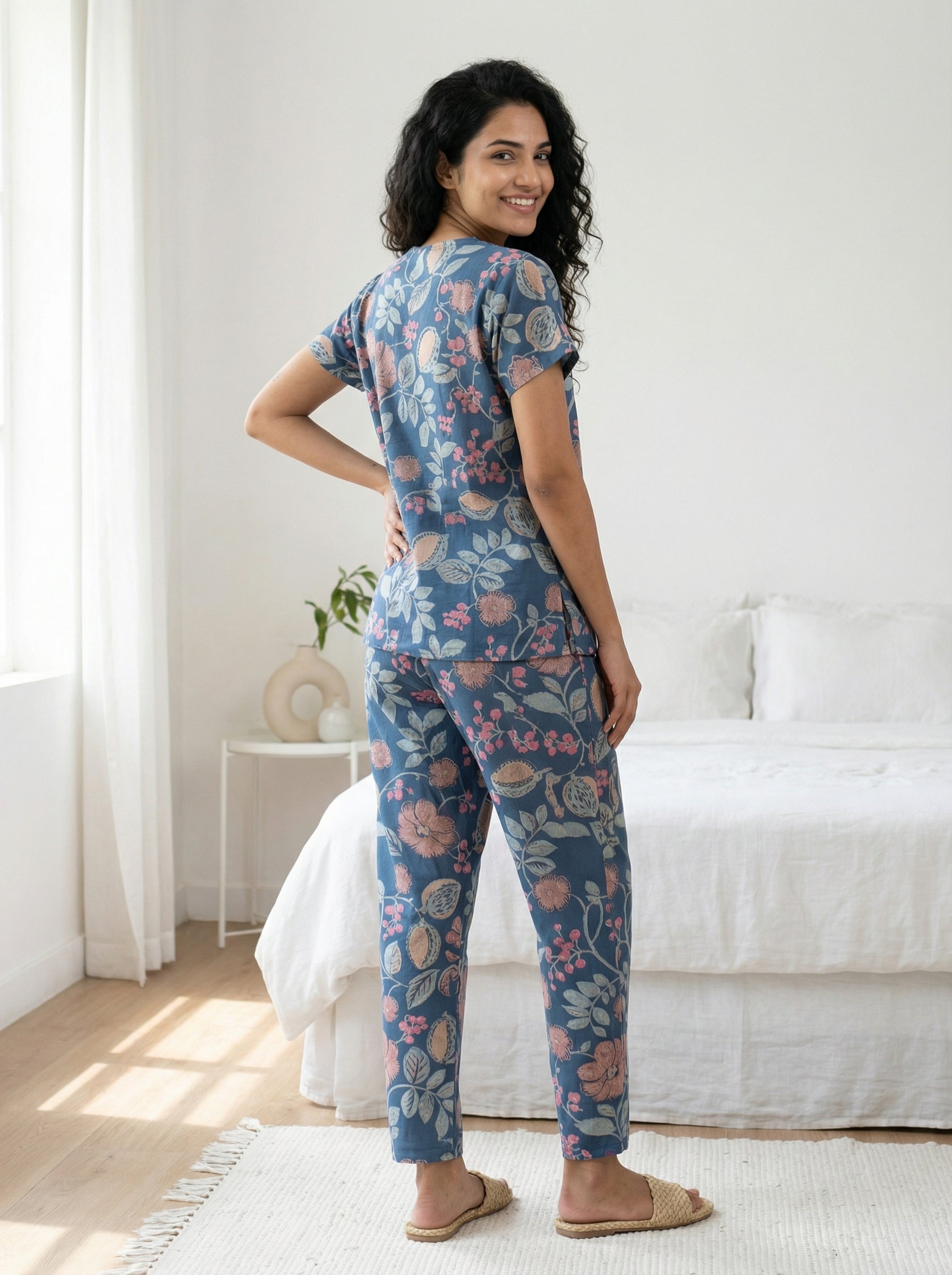 Blue Floral Print Round Neck Pure Cotton Night Suit Set for Women