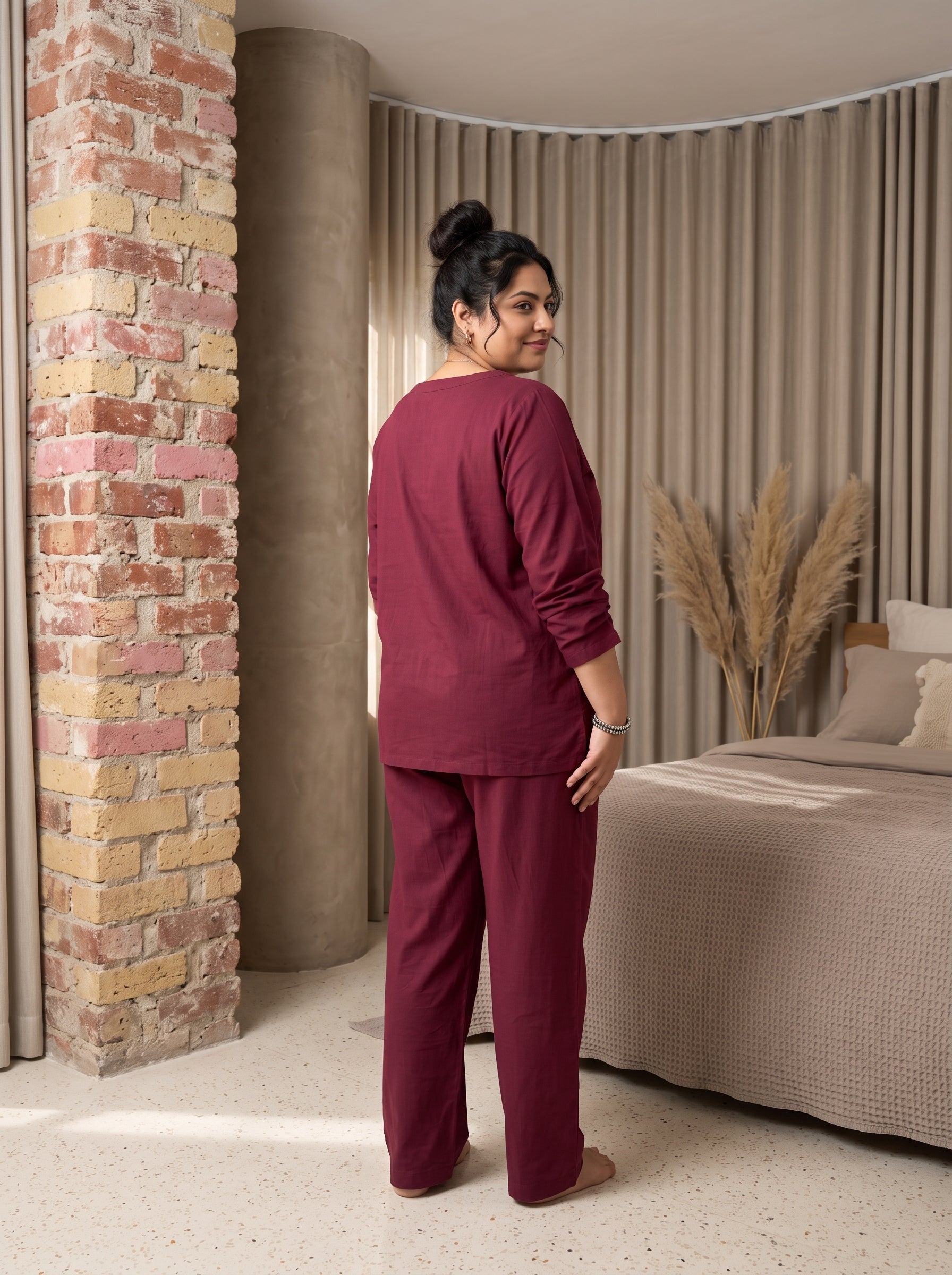 Maroon Heart Patch Scoop Neck Cotton Plus Size Night Suit  For Women