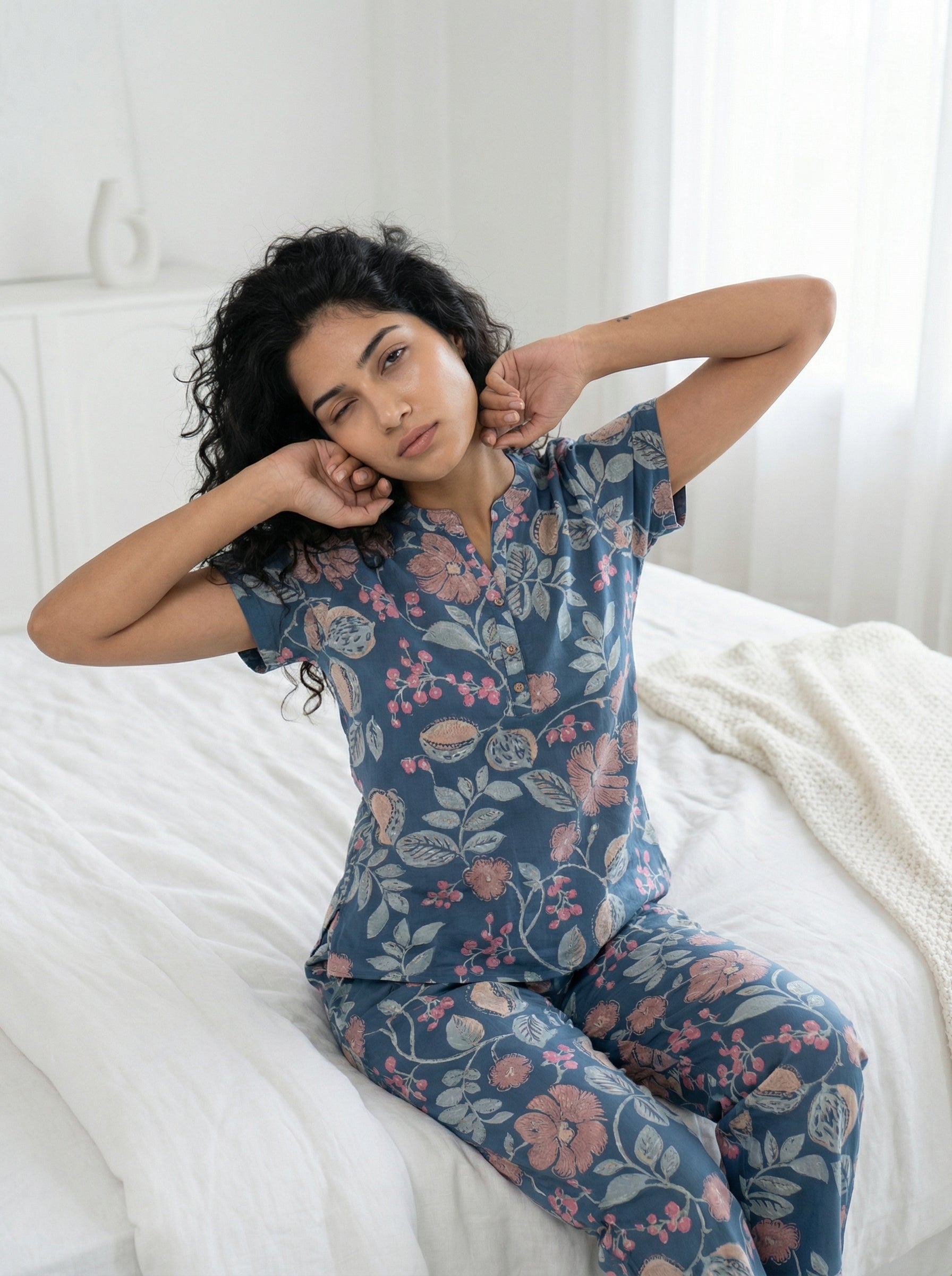 Blue Floral Print Round Neck Pure Cotton Night Suit Set for Women