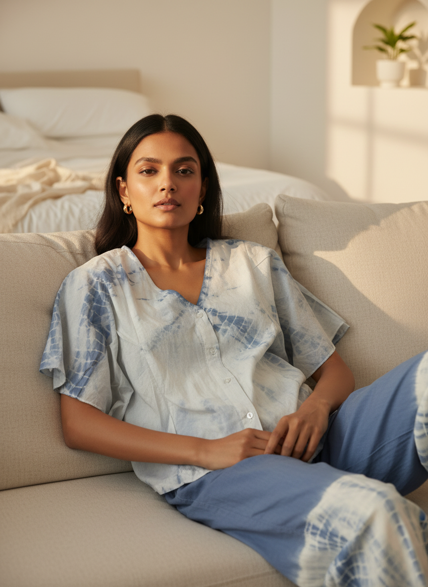 Blue Color Tie and Dye Pure Cotton Night Suit for Women
