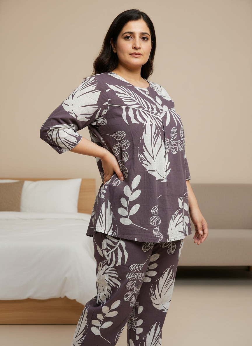 Purple Printed Round Neck Cotton Night Suit Set for Women
