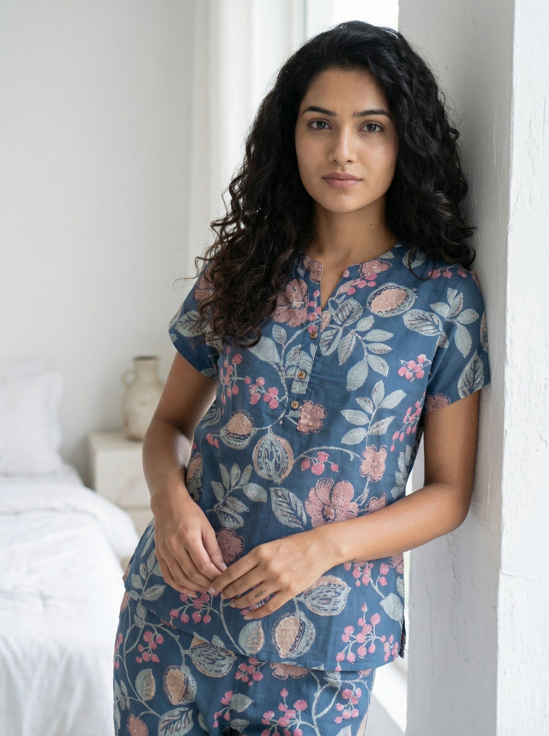Blue Floral Print Round Neck Pure Cotton Night Suit Set for Women