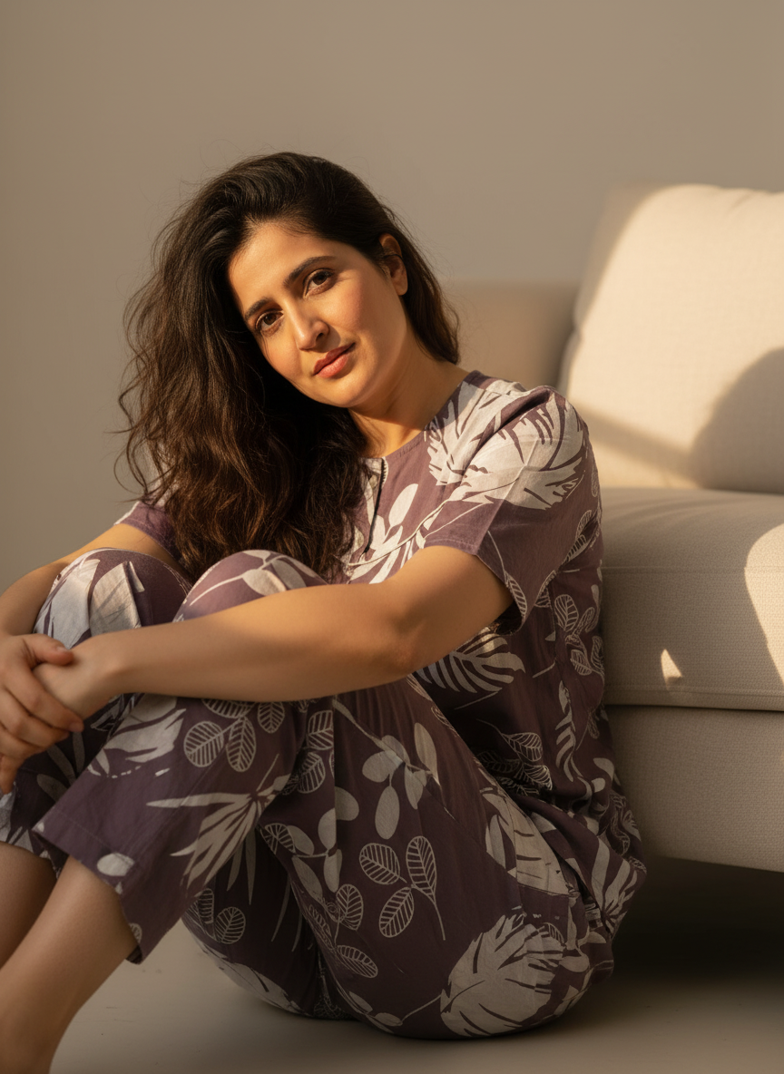 Purple Printed Round Neck Cotton Night Suit Set for Women