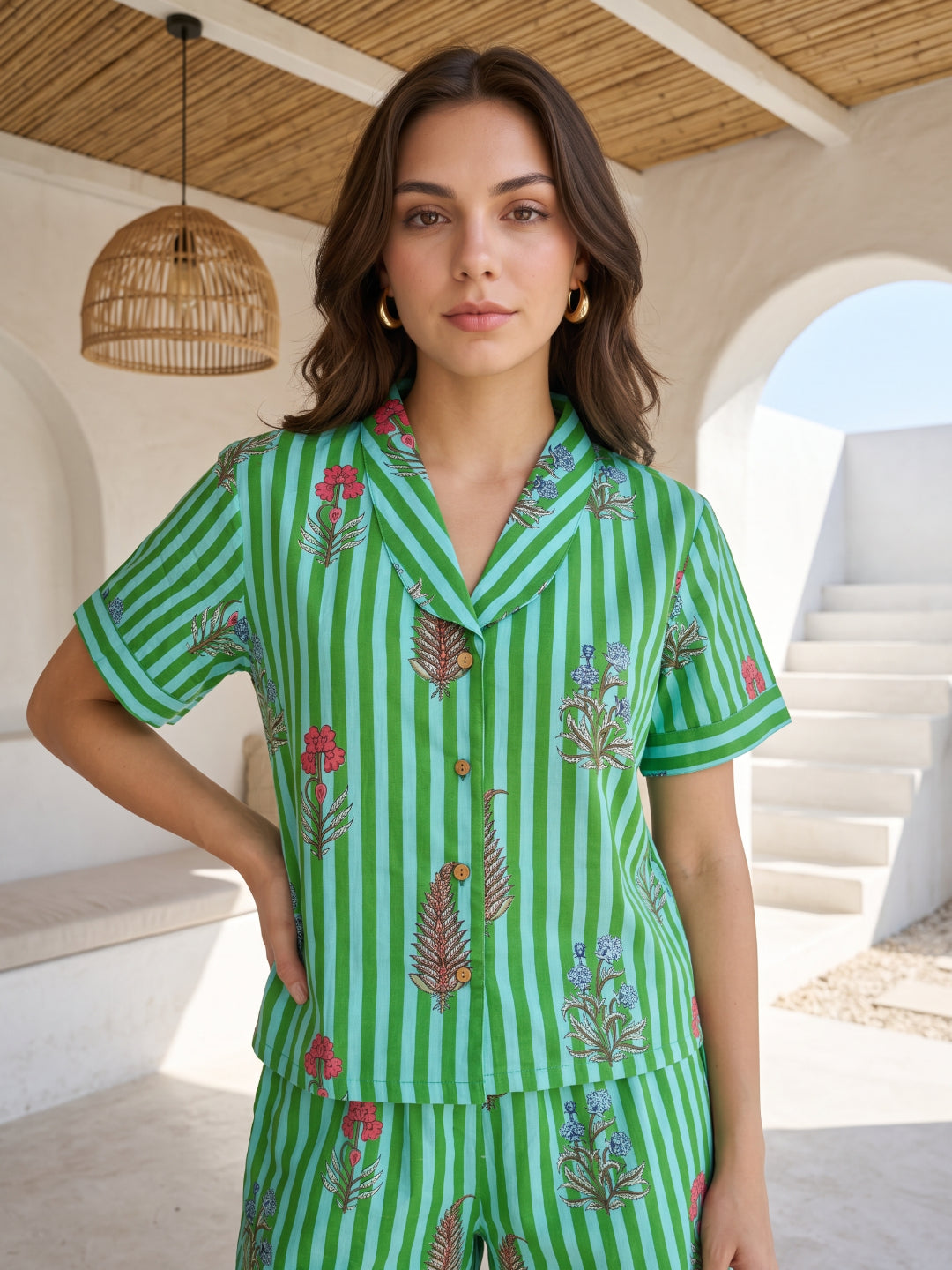 Green Floral & Striped Pure Cotton Lapel Collar Loungewear Set For Women