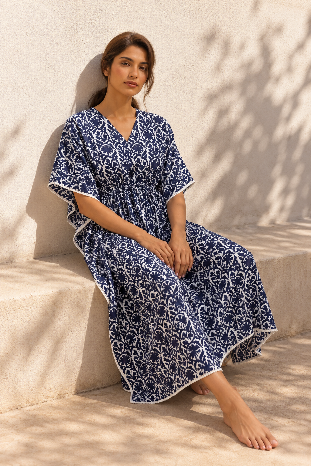Navy Blue V-Neck Maxi Pure Cotton Floral Nighty For Women