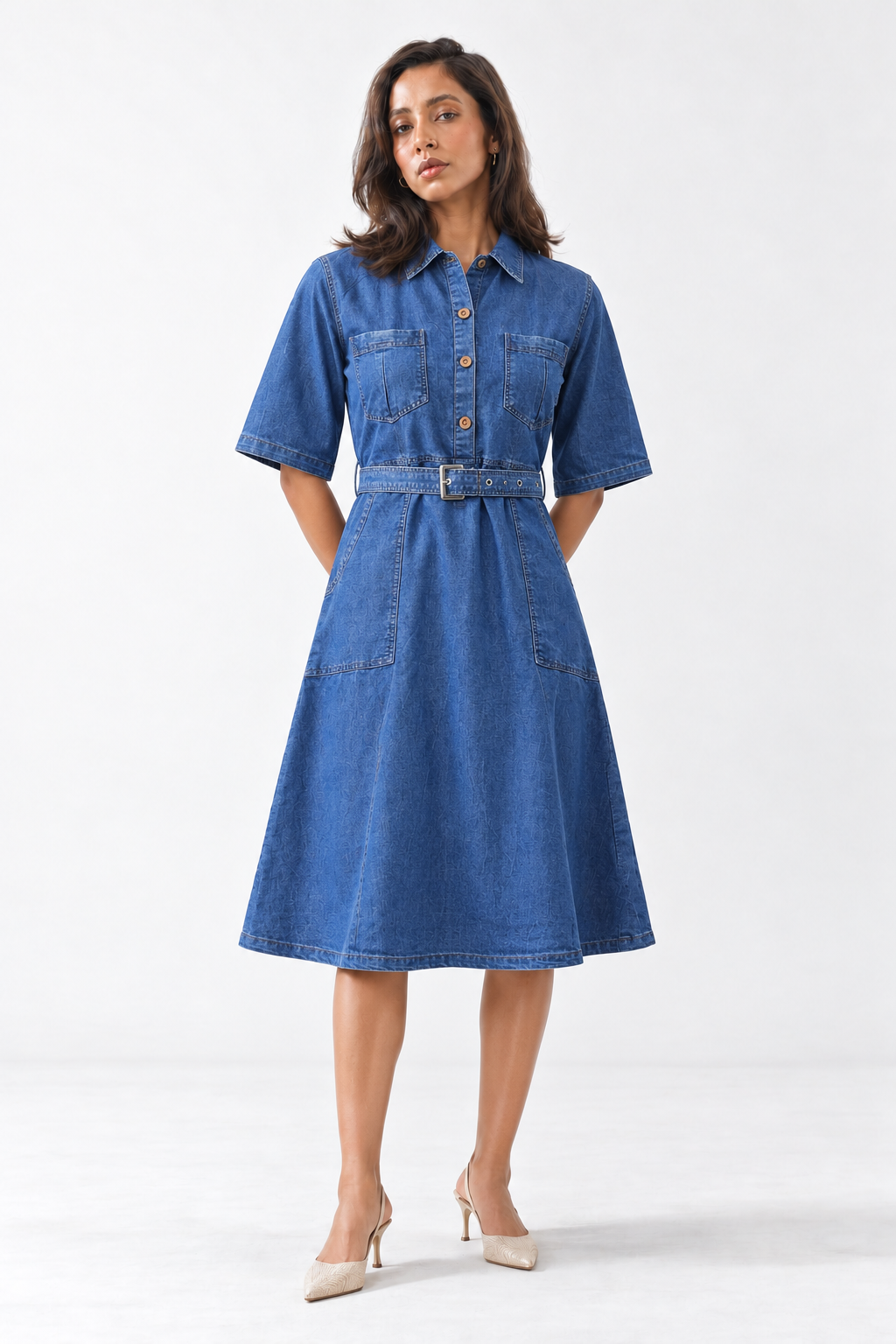 Navy Blue Shirt Collar Belted Denim A-Line Shirt Dress For Women