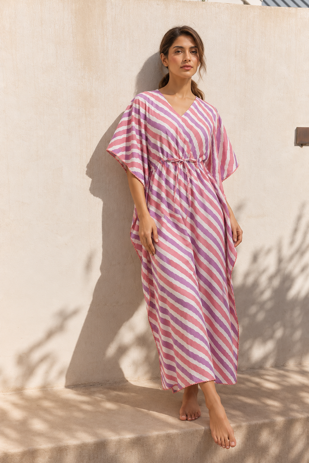 Pink V-Neck Striped Print Pure Cotton Kaftan Nighty For Women