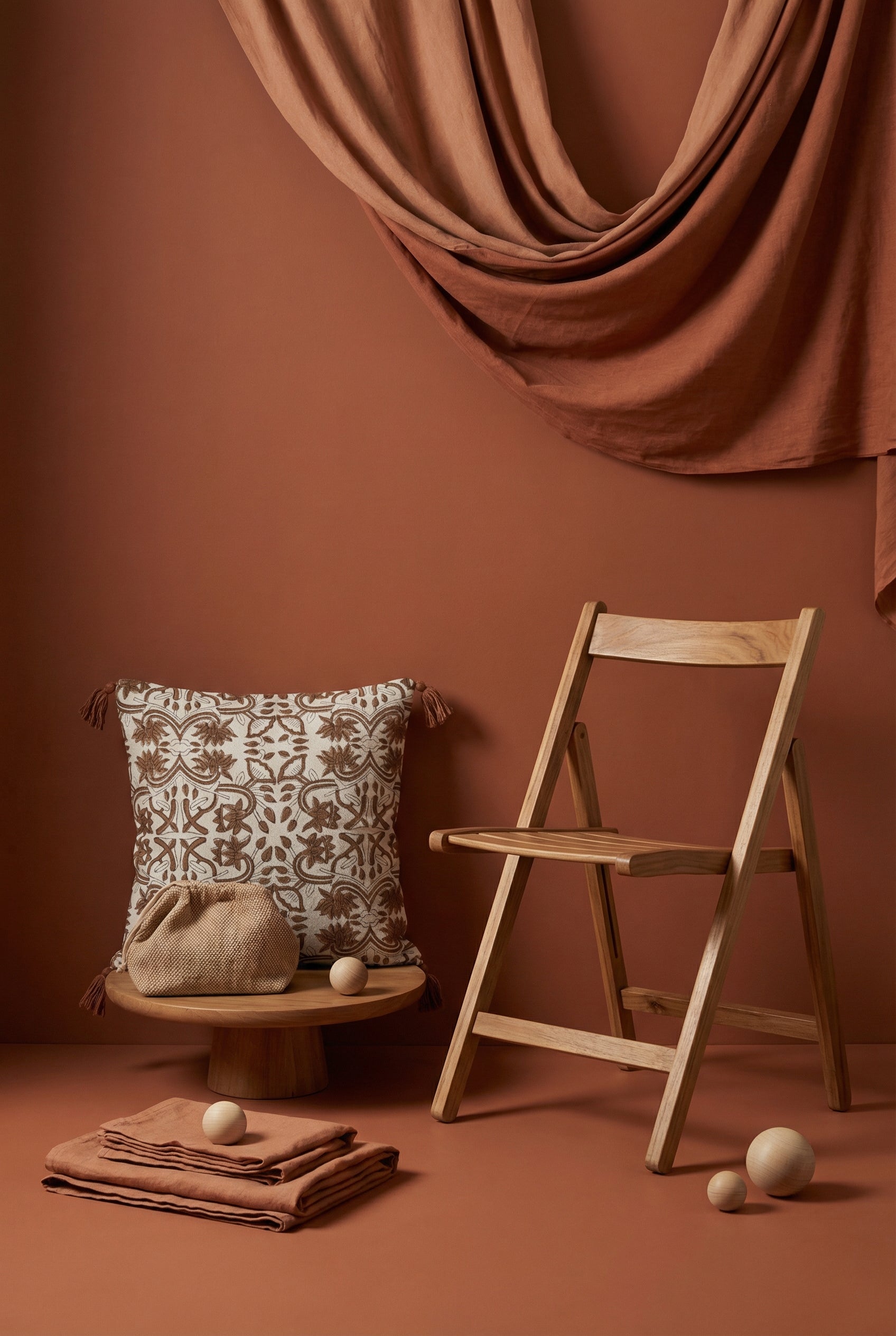 Brown & White  Ethnic Motifs Printed Cotton Cushion Cover With Tassel Accents