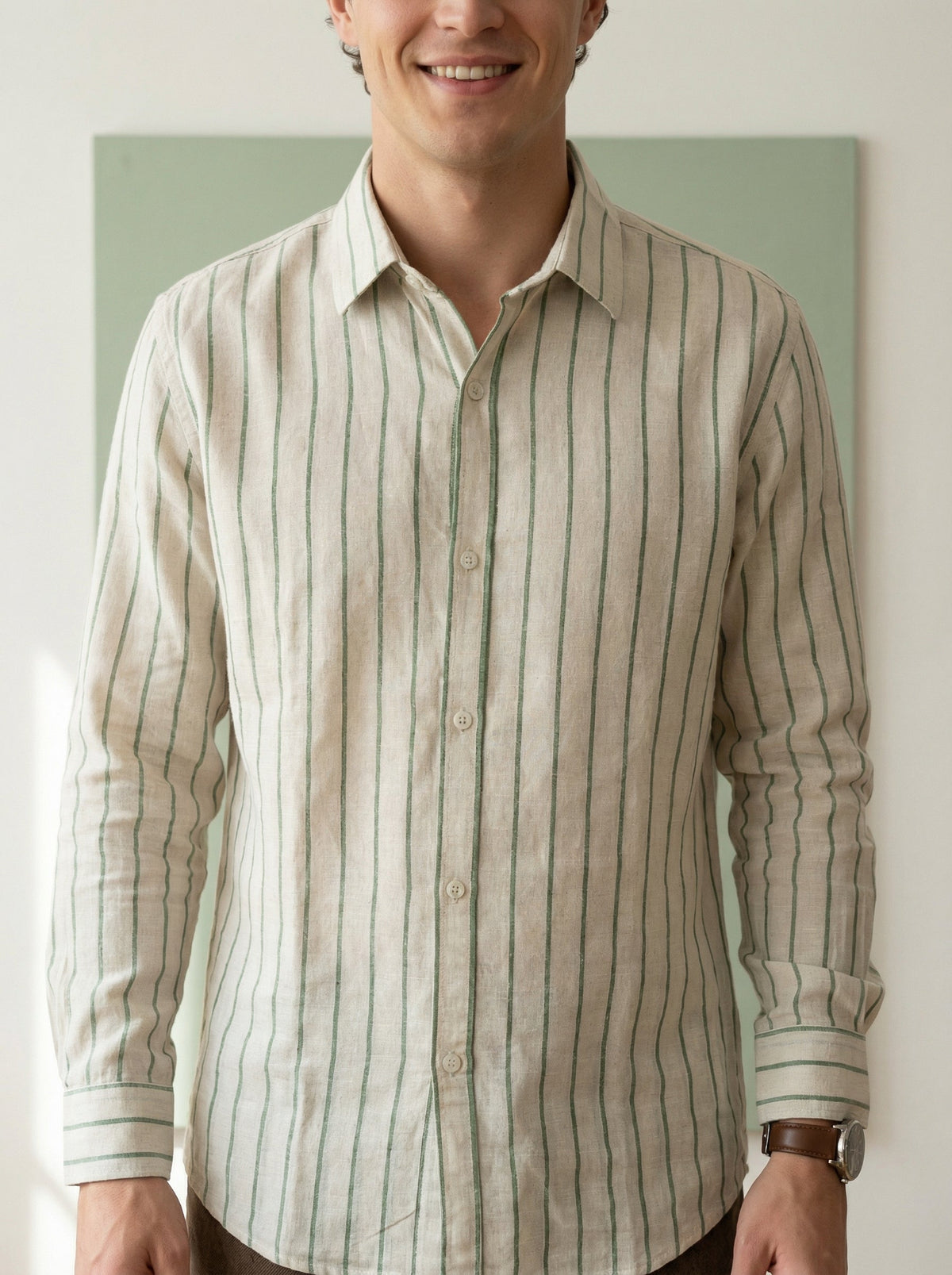 Green Striped Band Collar Handloom Cotton Shirt For Men