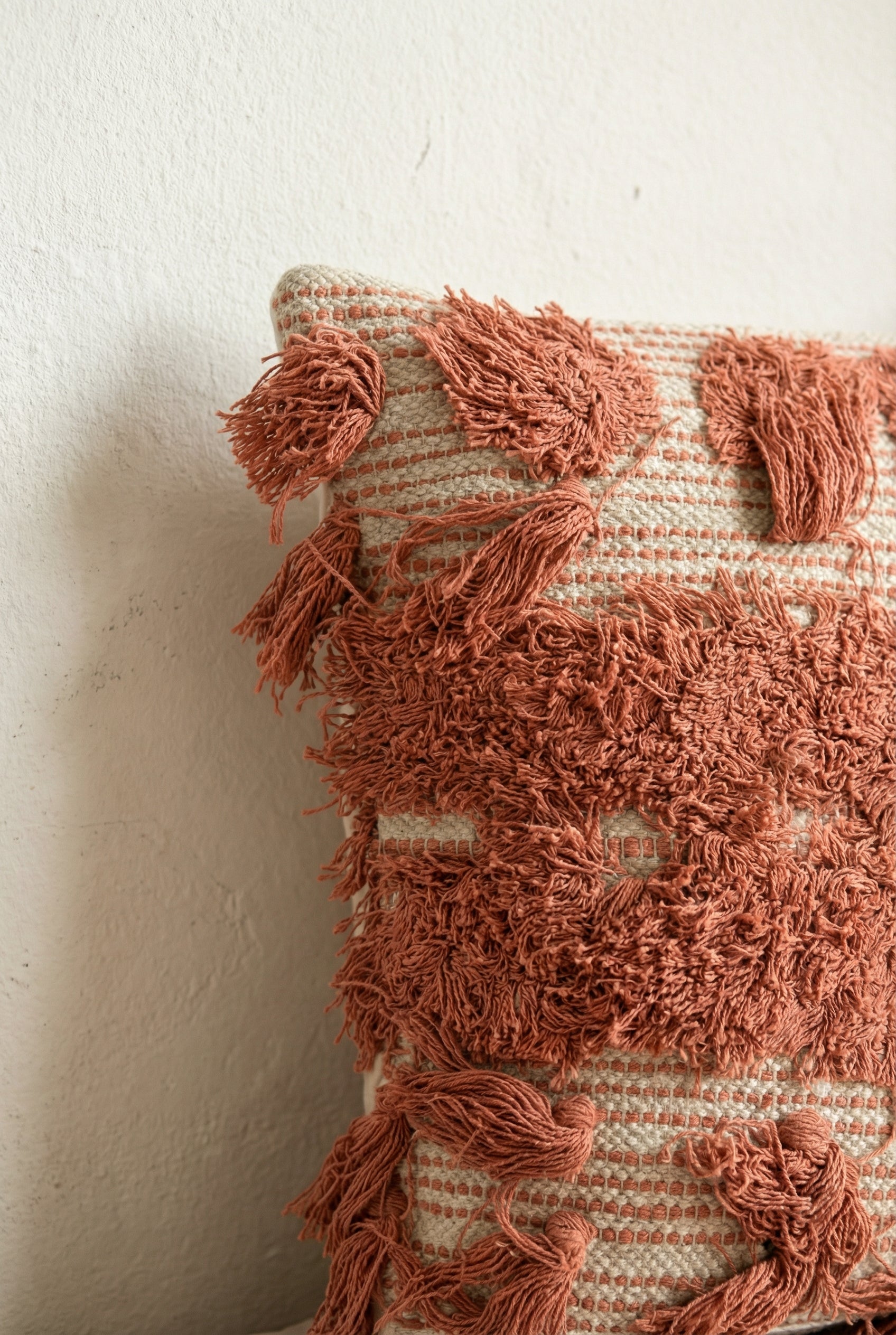 Cream Squared Embroidered Cushion with Tassel Details