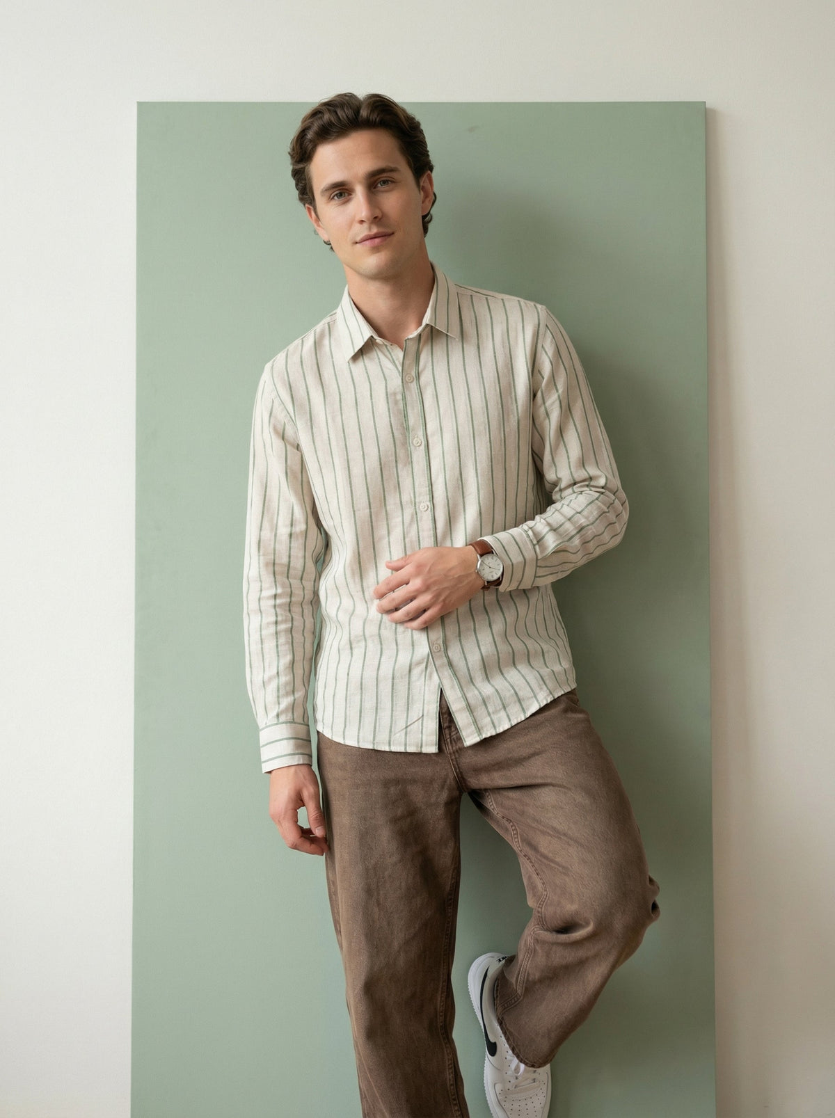 Green Striped Band Collar Handloom Cotton Shirt For Men