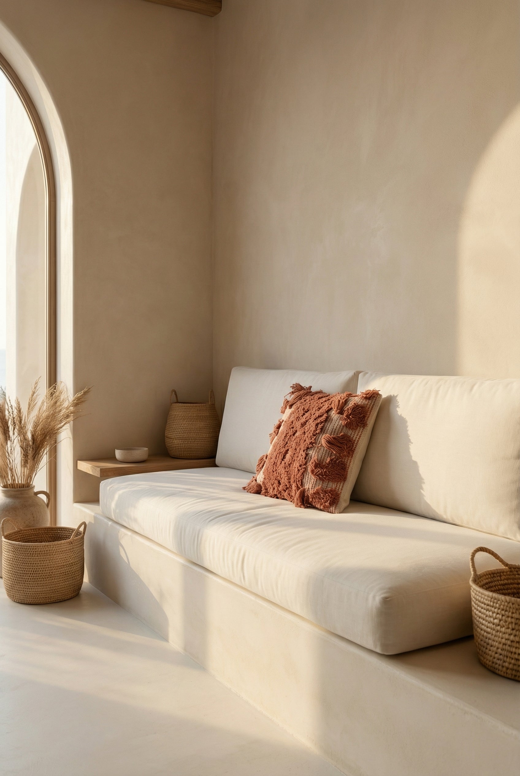 Cream Squared Embroidered Cushion with Tassel Details