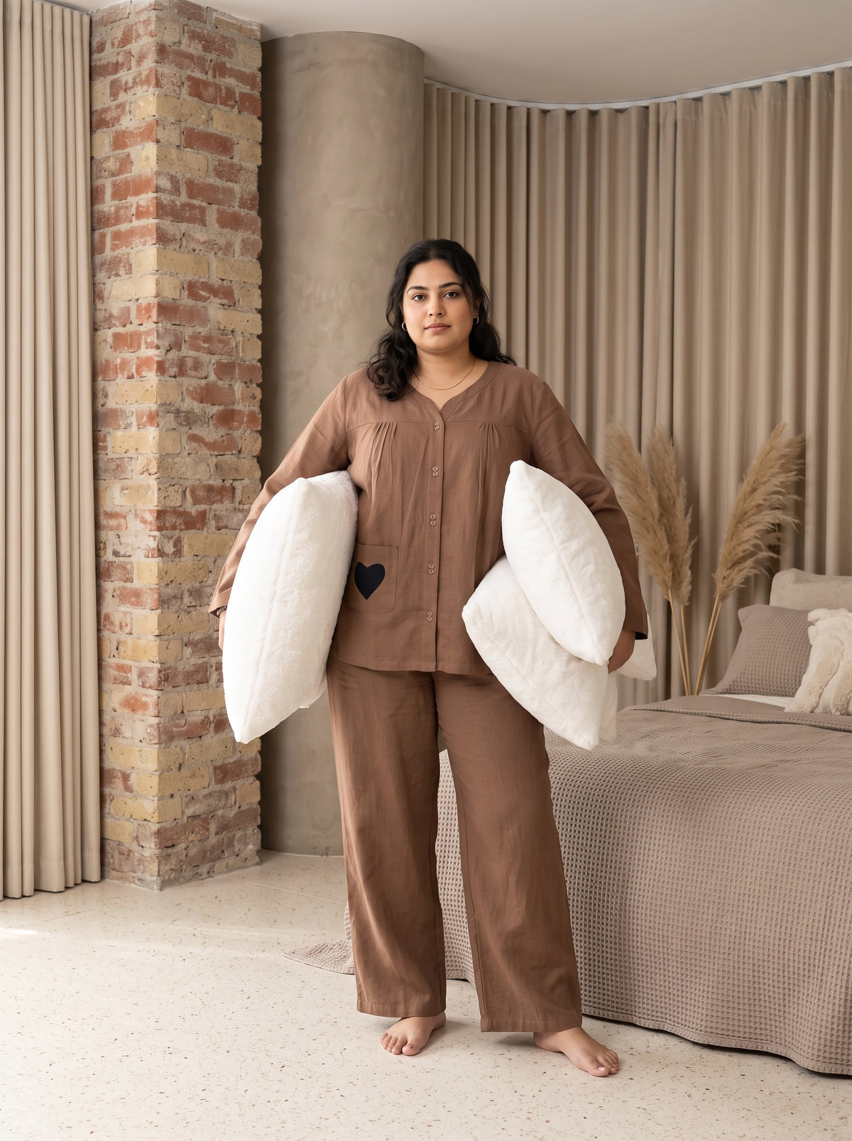 Brown Solid Notch Neck Cotton Plus Size Night Suit For Women