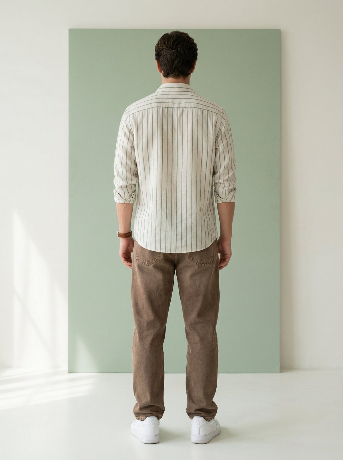 Green Striped Band Collar Handloom Cotton Shirt For Men