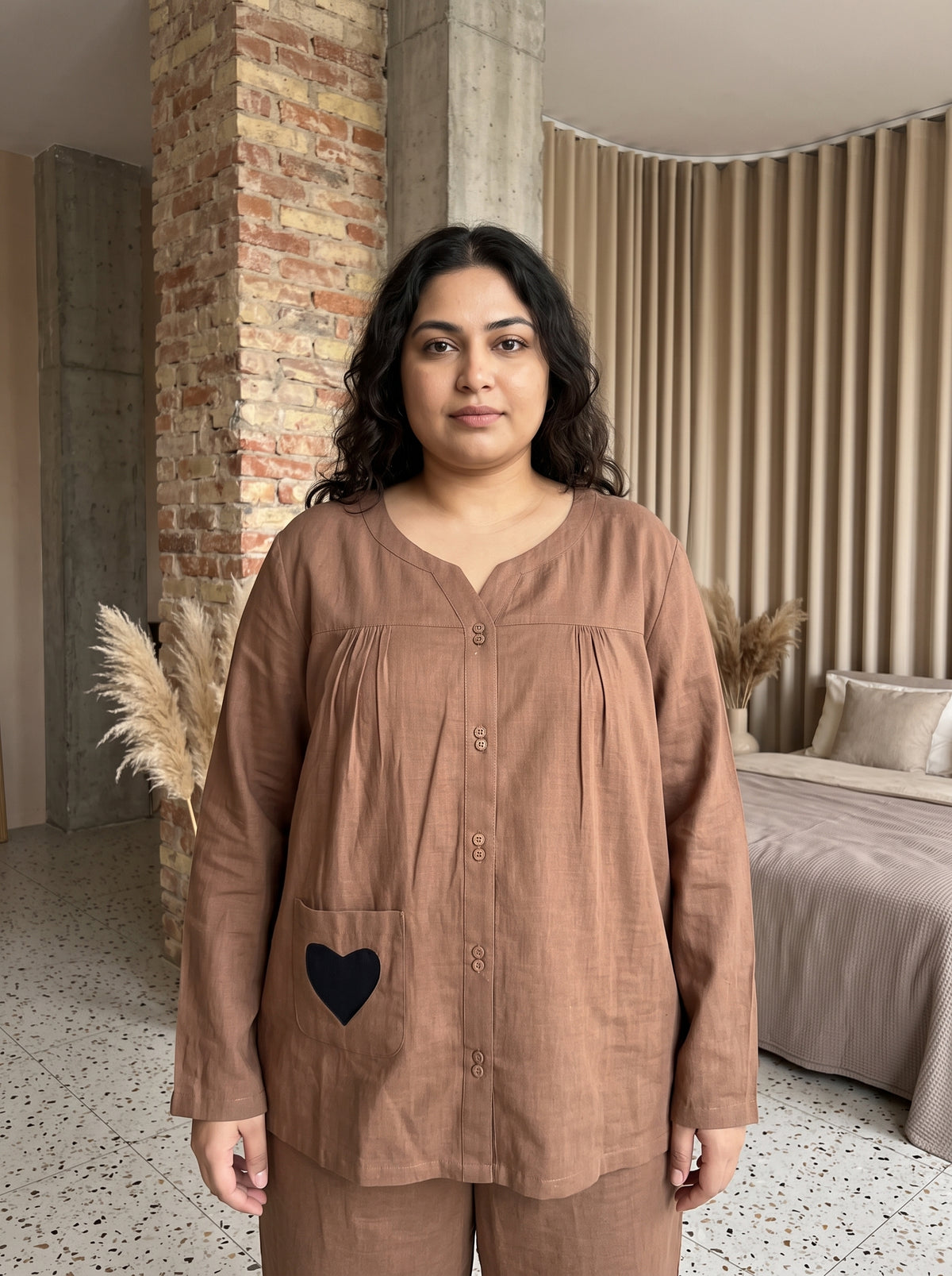 Brown Solid Notch Neck Cotton Plus Size Night Suit For Women