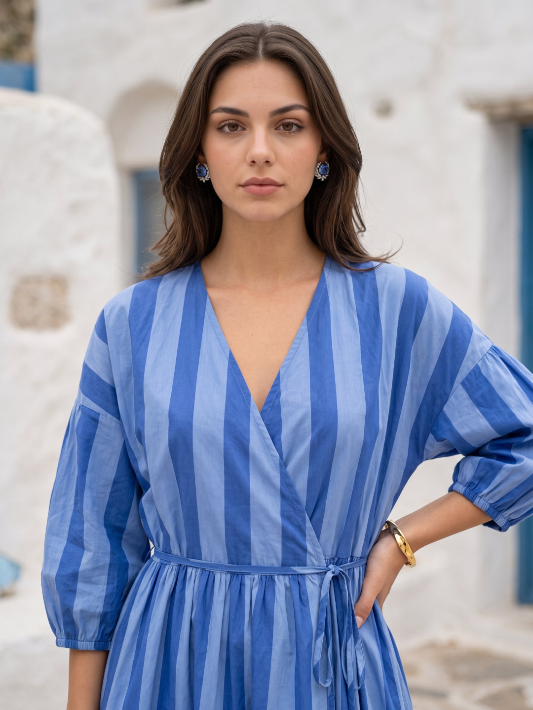 Blue V-Neck Stripes Cotton Flared Maxi Dress For Women