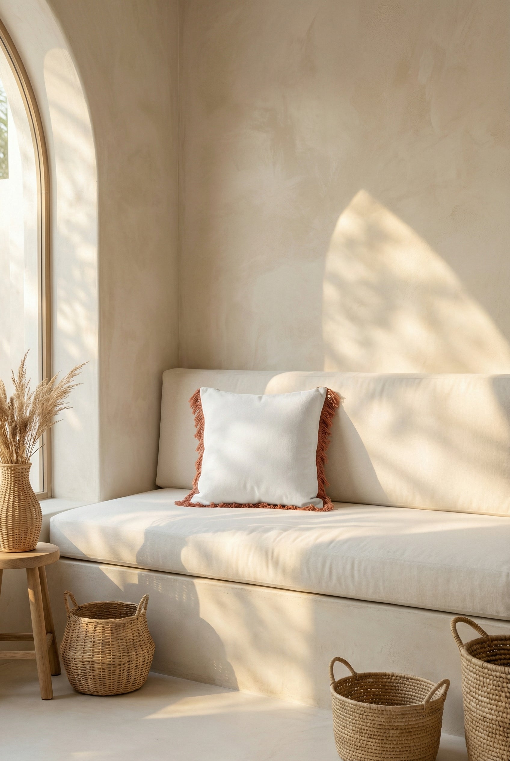 Cream Squared Embroidered Cushion with Tassel Details