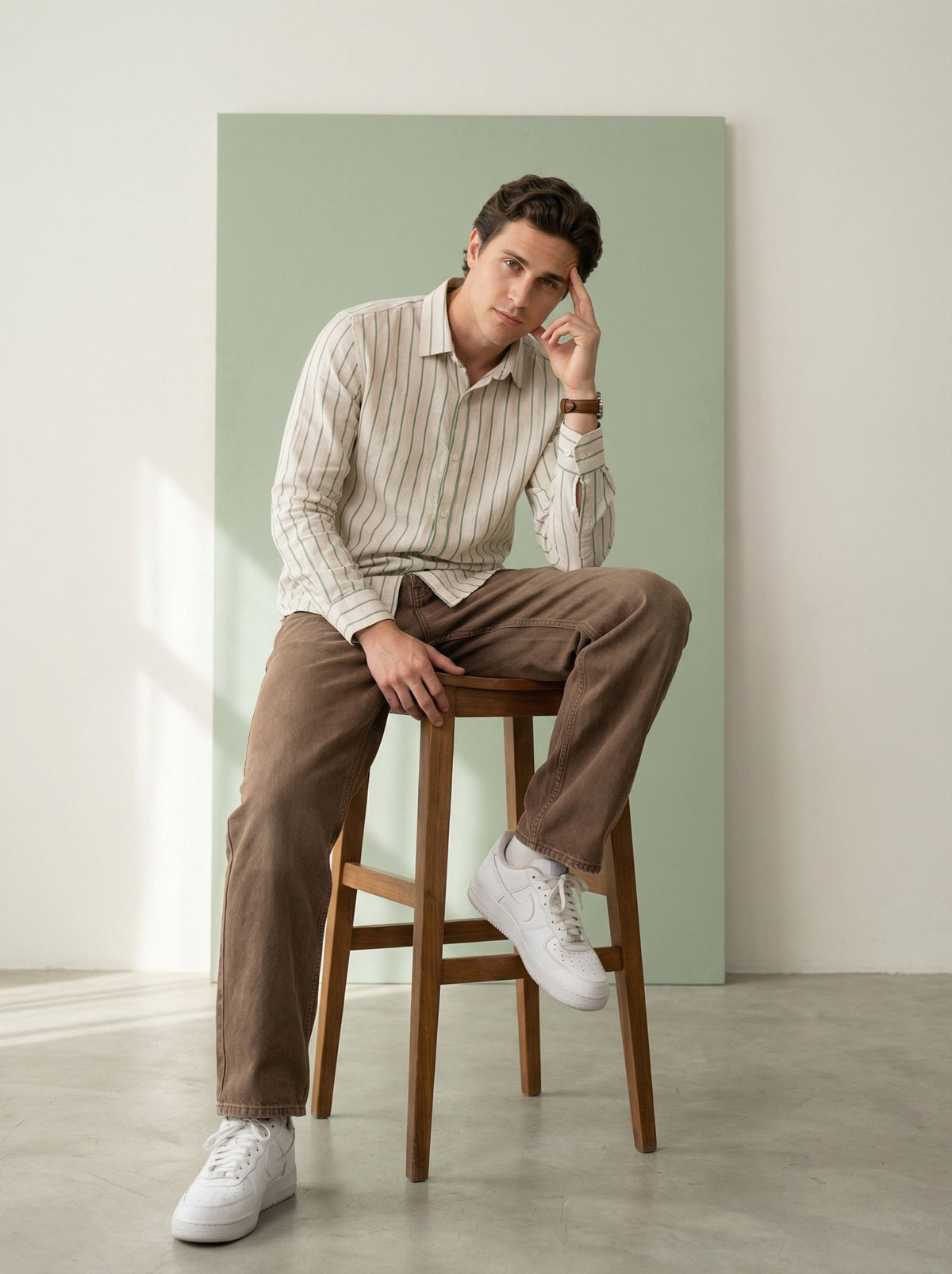 Green Striped Band Collar Handloom Cotton Shirt For Men